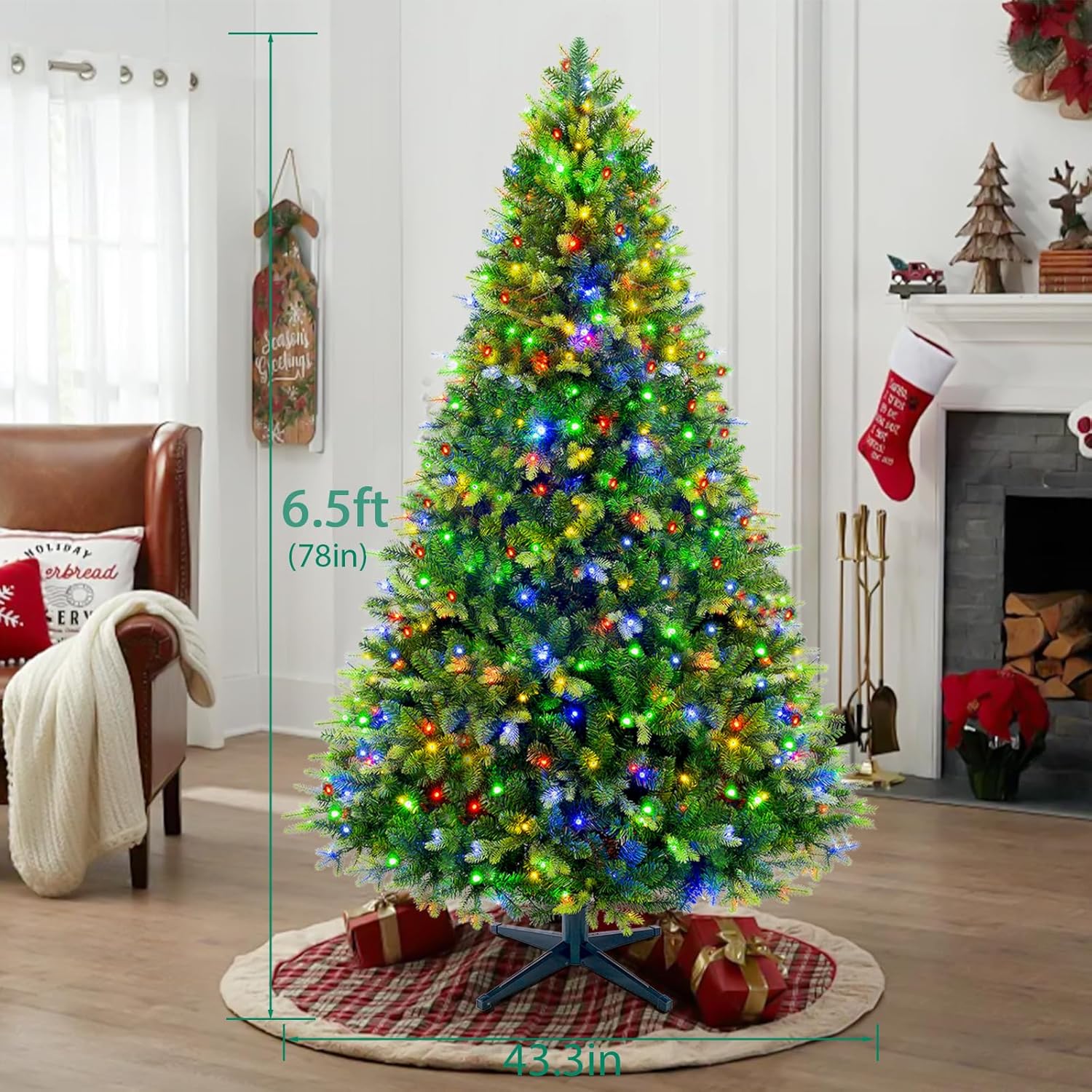 360° Rotating Prelit Christmas Tree 6.5ft - Musical Artificial Christmas Tree with Remote Control, 1036 PE & PVC Mixed Tips, 8 Modes 340 Multicolor LED Lights for Holiday Decor