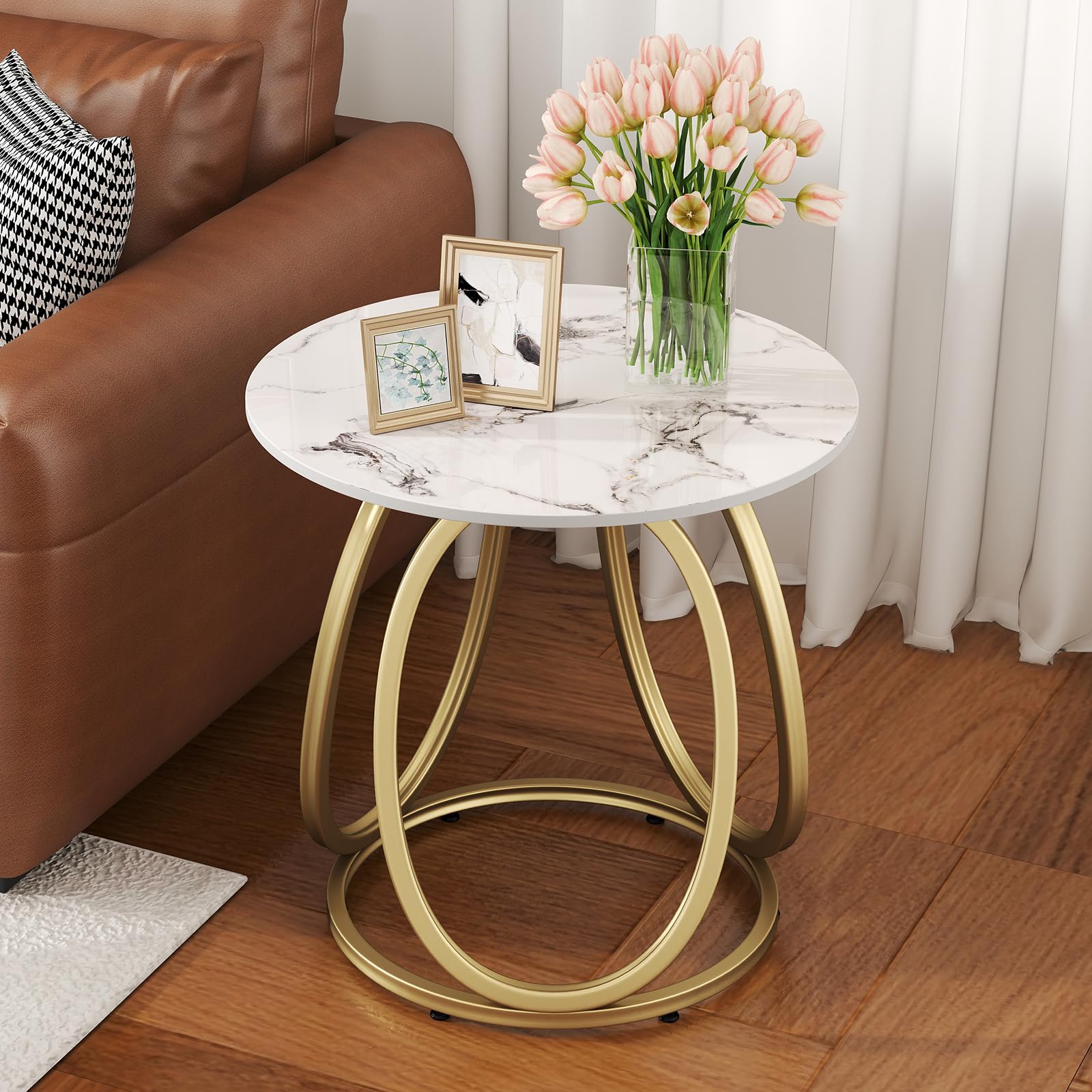 OIOG Round Side Table for Living Room, Gold End Table with Sintered Stone, Modern Marble Look Nightstand for Bedroom