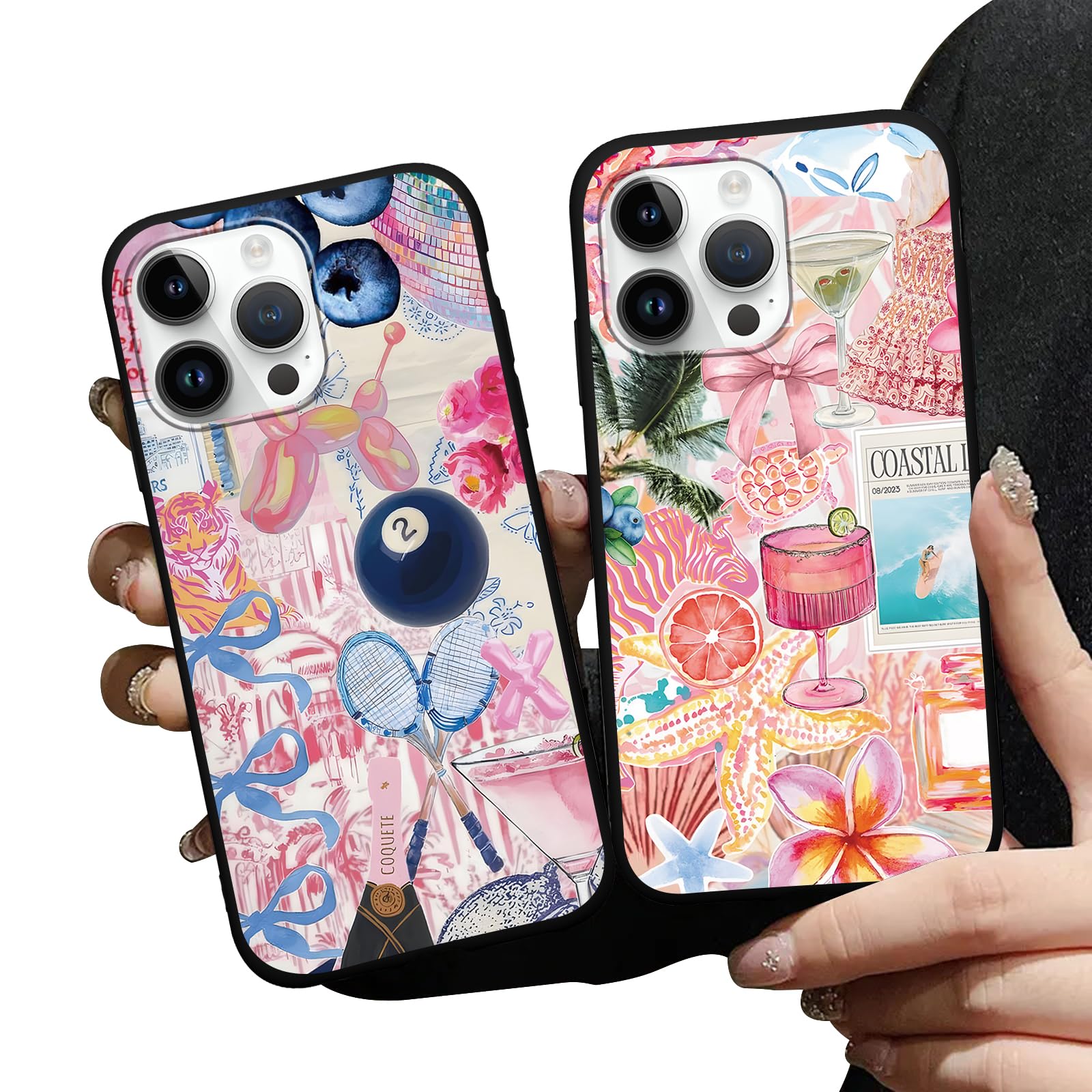 Zrutru 2 Pack Preppy Pink Collage Phone Cases for iPhone 14 Pro Max Case Trending Collage Phone Case Shockproof Soft Silicone TPU Bumper Cover Phone