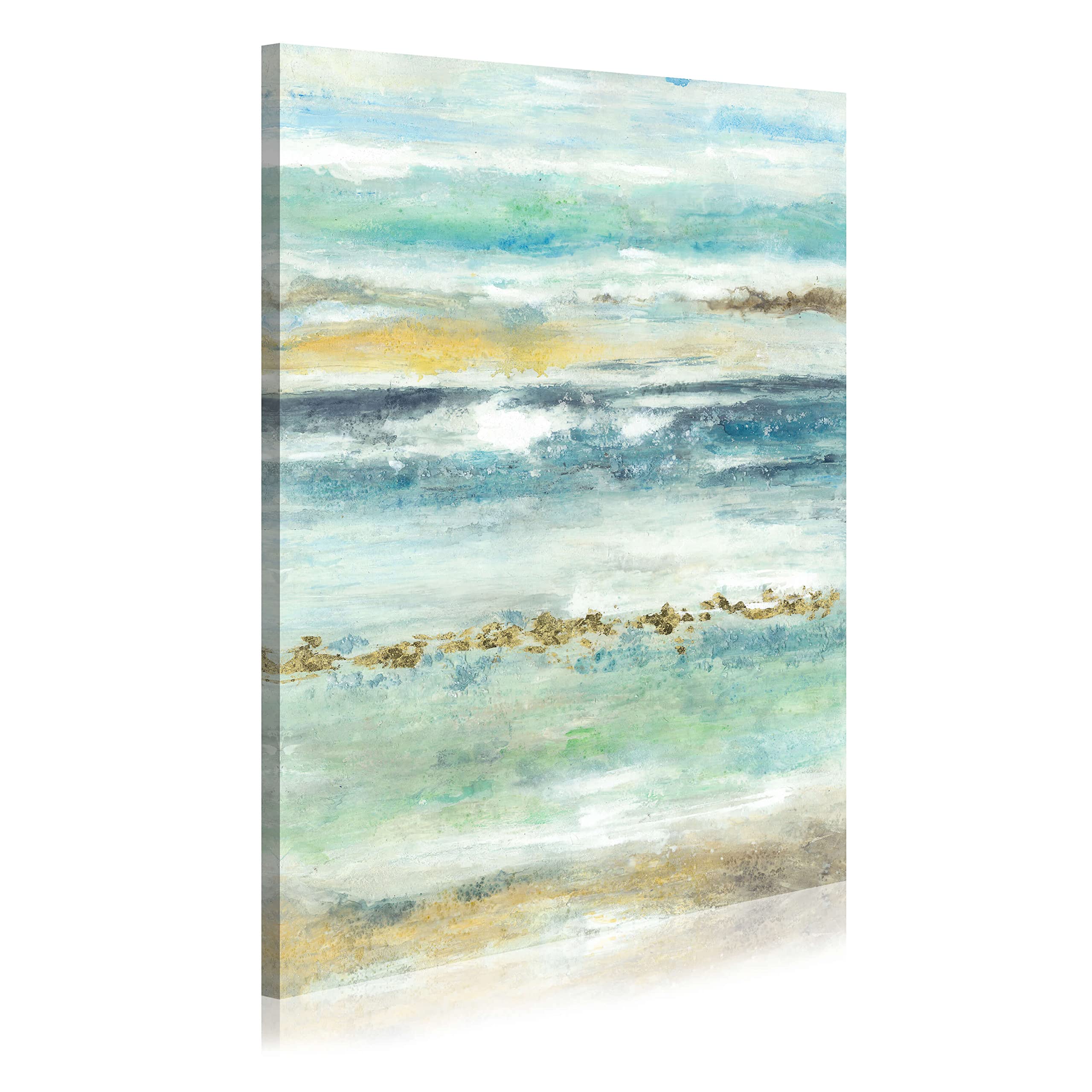 WALLSUP DECOR Abstract Beach Canvas Wall Painting - Green Wave Picture Coastal Gold Foils Art Seascape Glitter Hand Painted Textured Artwork for Bedroom