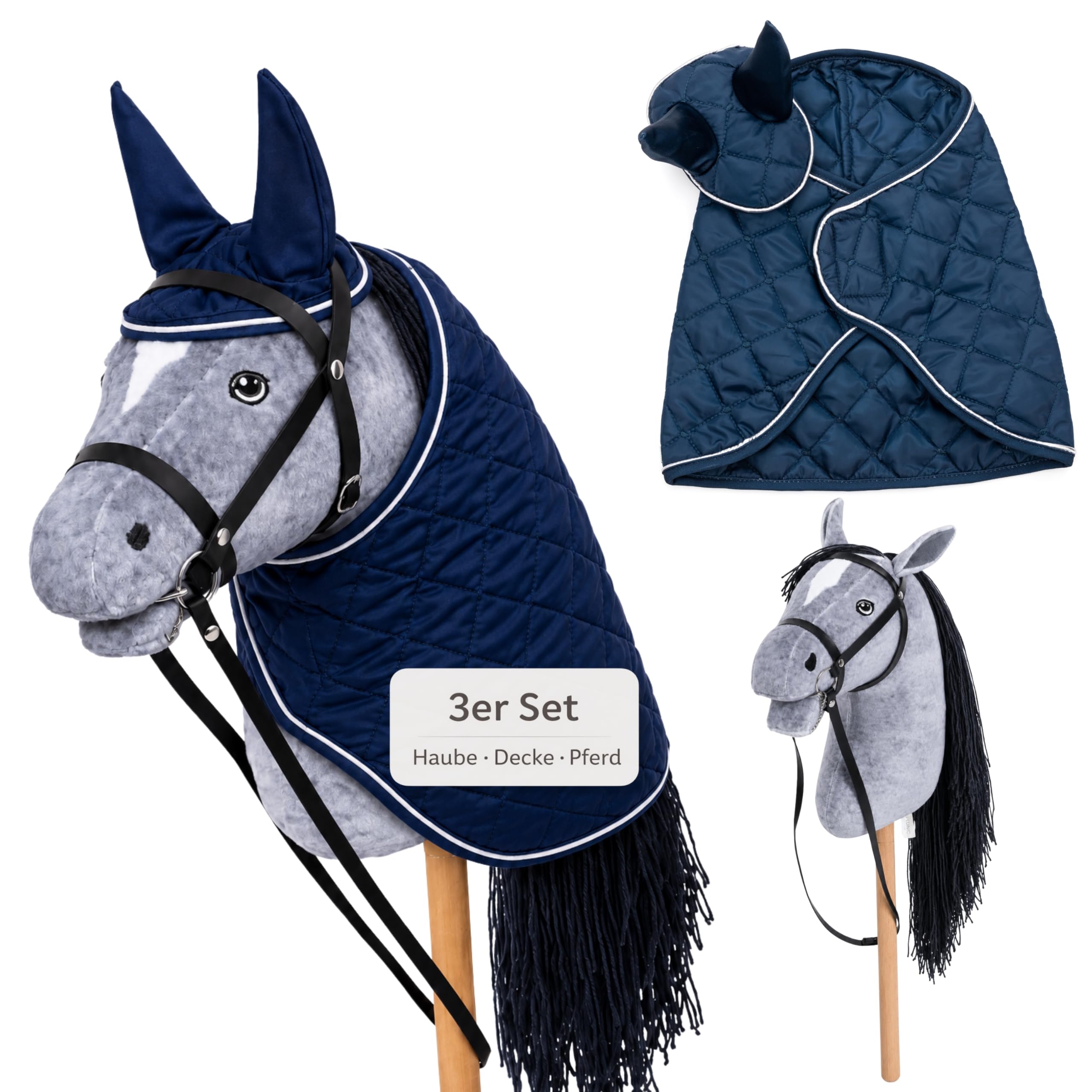 Hobby Horse Set – Großes Steckenpferd für Kinder mit Decke & Fliegenhaube | Komplettes Hobby Horsing Set mit Trense & 35 cm Schraubstab | Graues Pferd – Blaues Zubehör