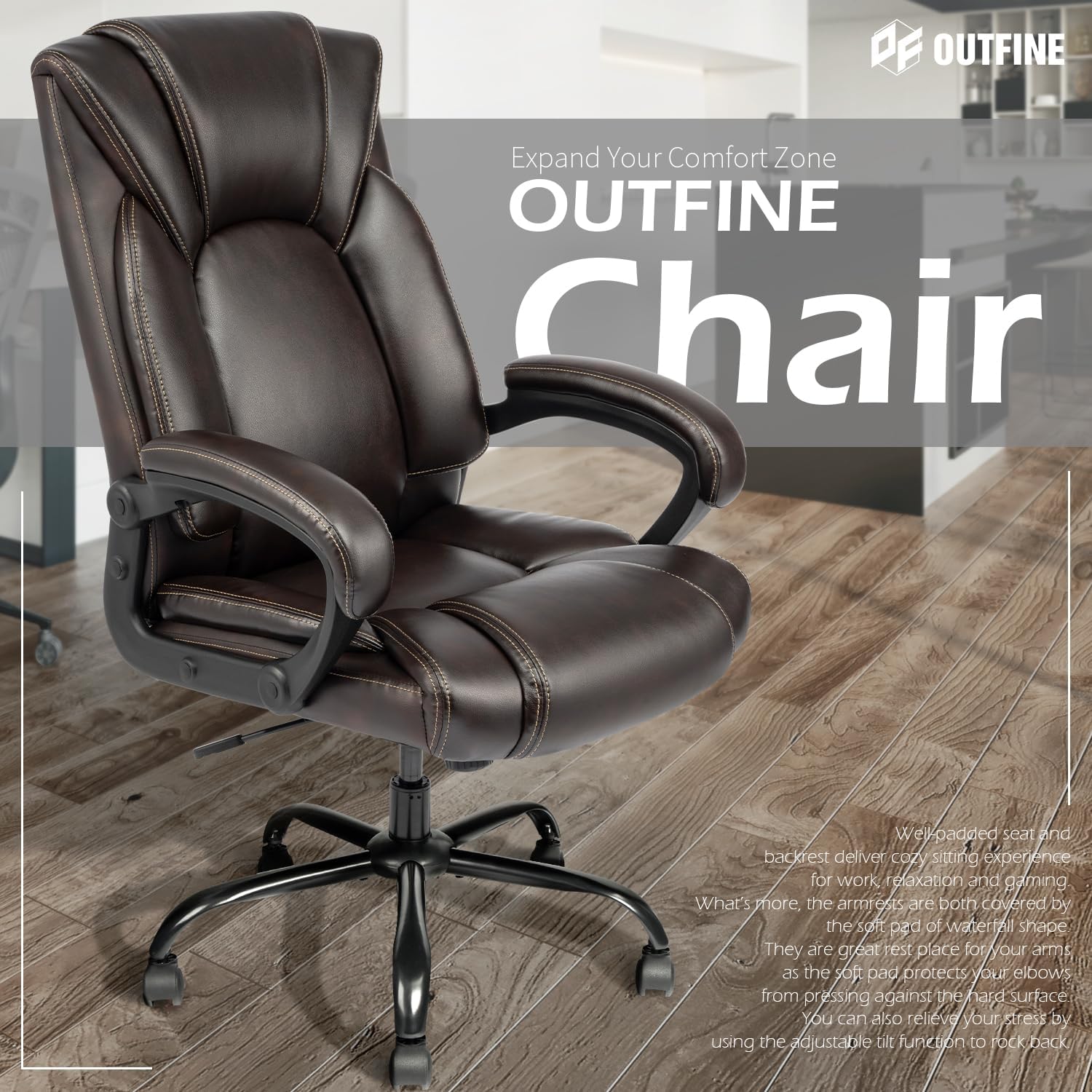 OUTFINE Office Chair Executive Office Chair Desk Chair Computer Chair with 5-Year hydrolysis-Resistant Leather Spring Cushion Ergonomic Support Tilting Function Upholstered in Bonded Leather (Brown) - Image 8