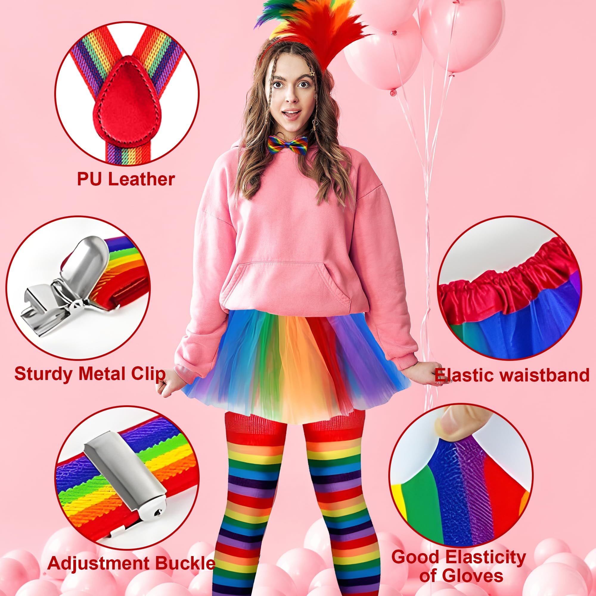 cadelon 12pcs Clown Costume Set for Women - Complete Clown Kit with Vibrant Rainbow Tutu Skirt, Premium Feather Headband & Accessories - Image 4