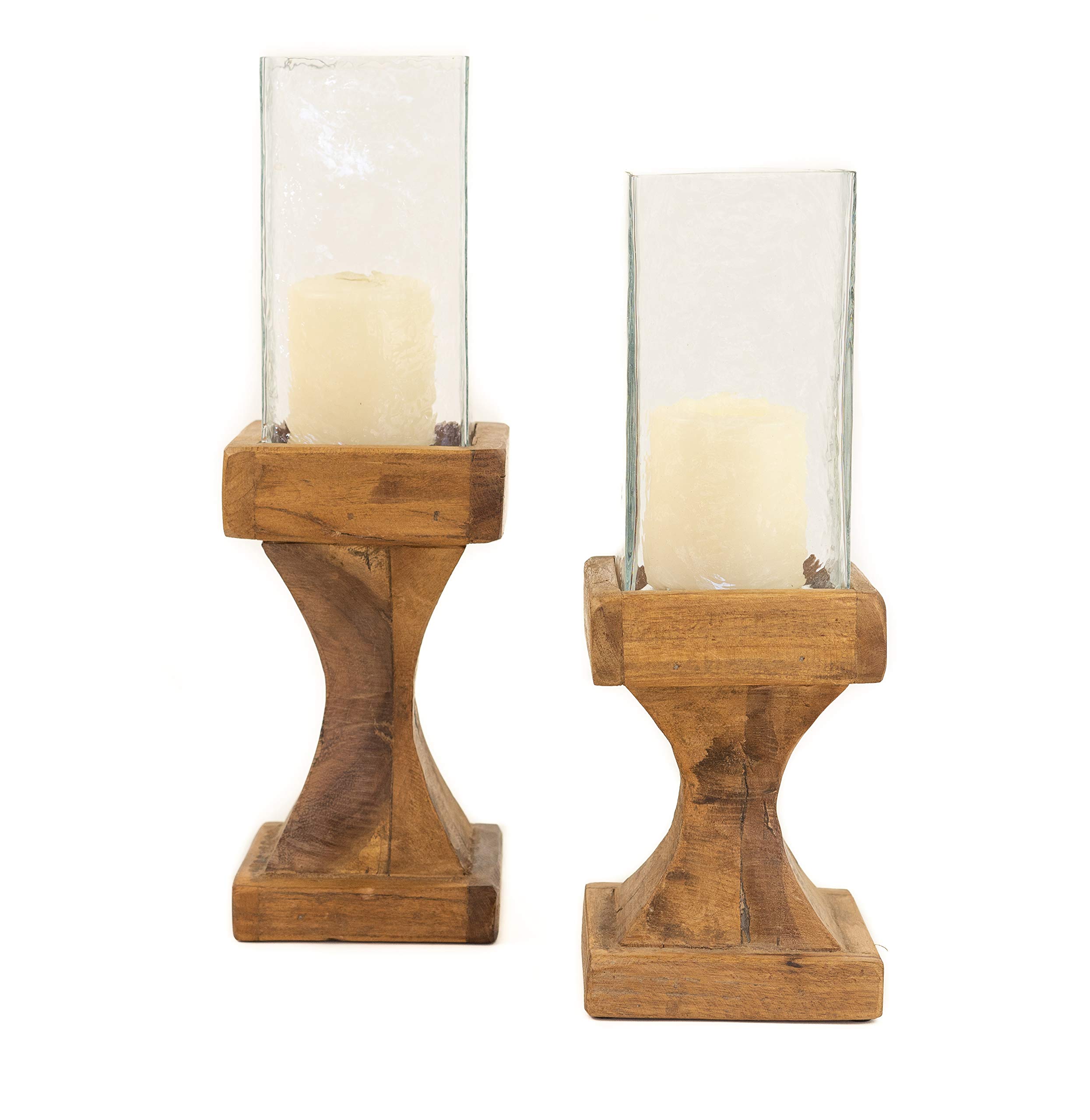Set 2 Square Glass Hurricane Pillar Candle Holder Rustic Wood Farmhouse Tapered