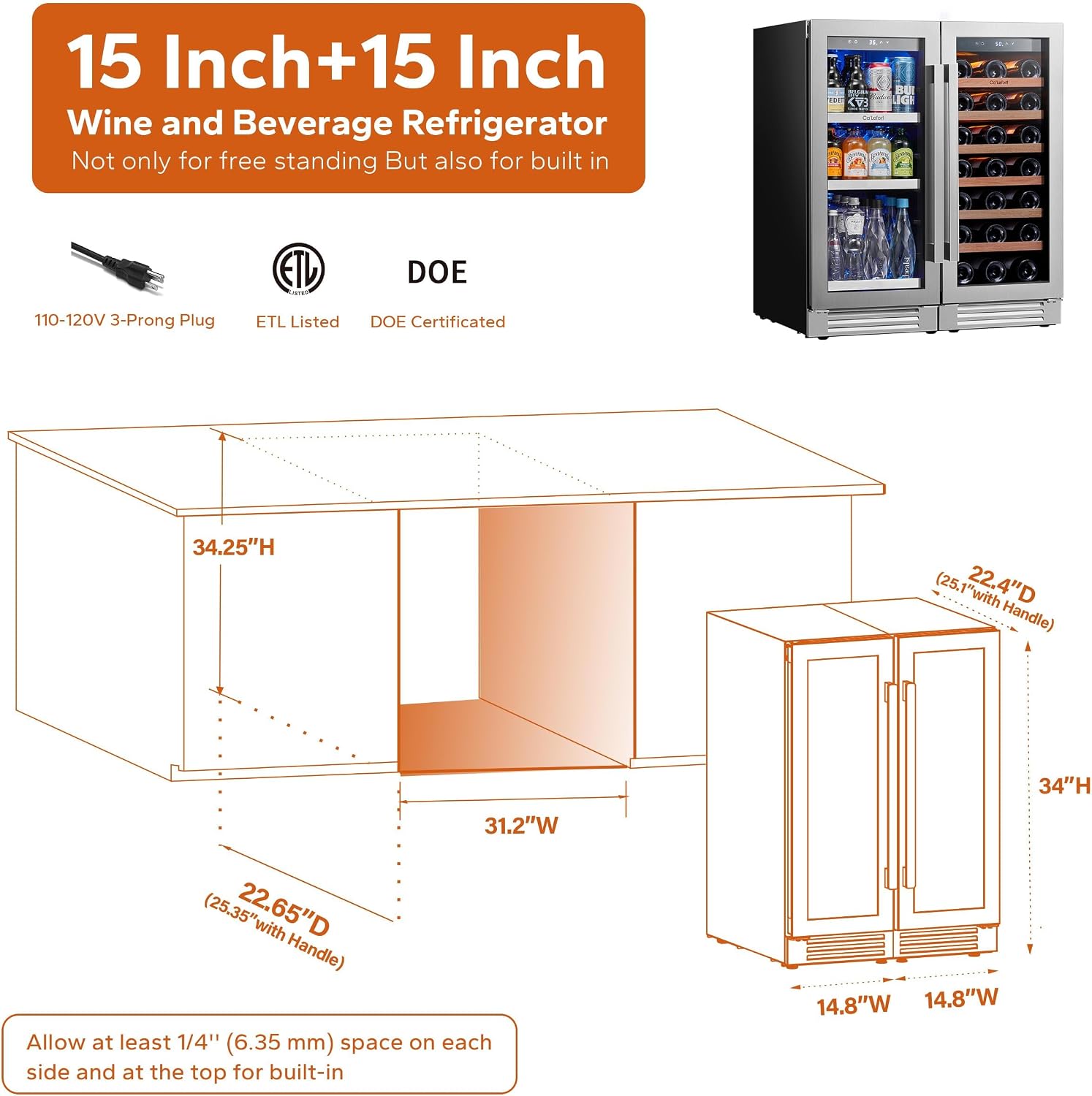 Ca'Lefort 30 Inch Wine and Beverage Refrigerator Cooler - 15 Inch Wine Cooler with 15 Inch Beverage Fridge, Built-in Drink Fridge with Glass Door 3 LED, Perfect for Home/Kitchen(6.0 Cu.ft)