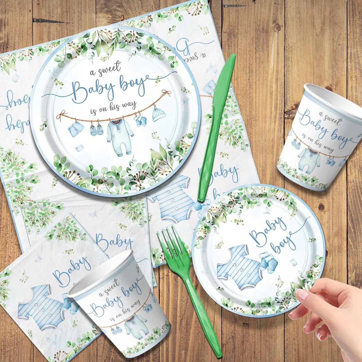 Greenery Baby Shower Tableware Set, Watercolor Blue Boy Plates, Napkins, Cups, Tablecloth for Boy Baby Shower Gender Reveal Supplies - Image 4
