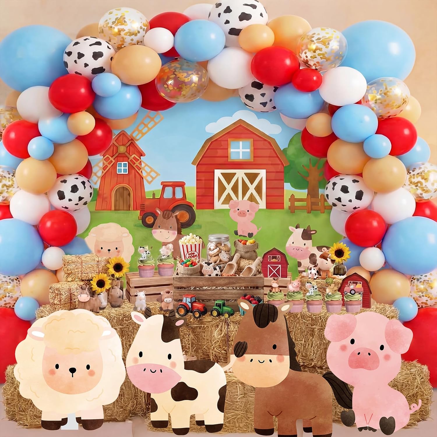 Honoson 148 Pcs Farm Animal Theme Party Decoration Set Farm Barn Backdrop Banner Large Animals Cardboard Cutouts Balloon Arch Garland Kit for Birthday Photography Baby Shower Party Supplies