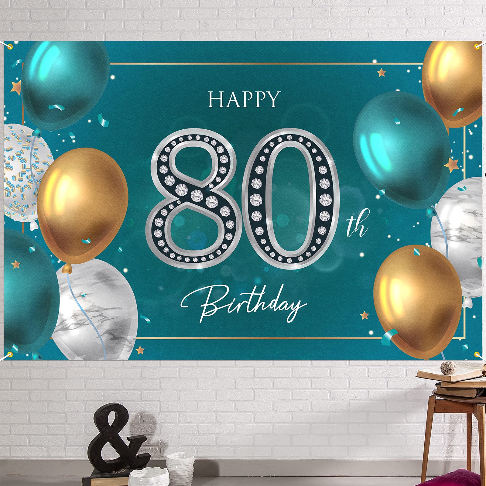 HAMIGAR 1,8 x 1,2 m Happy 80th Birthday Banner Hintergrund – 80 Jahre alt Geburtstag Dekorationen Partyzubehör für Frauen Männer – Grün Silber
