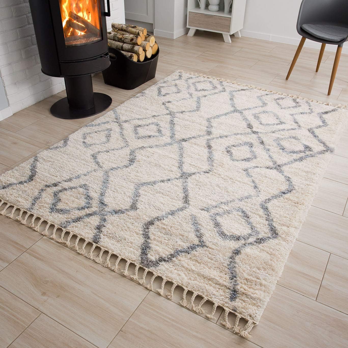 TAPISO Versay Teppich Shaggy Creme Grau Fransen Modern Abstrakt Streifen Boho Weich Hochflor Langflor Wohnzimmer Schlafzimmer ÖKOTEX 120 x 170 cm