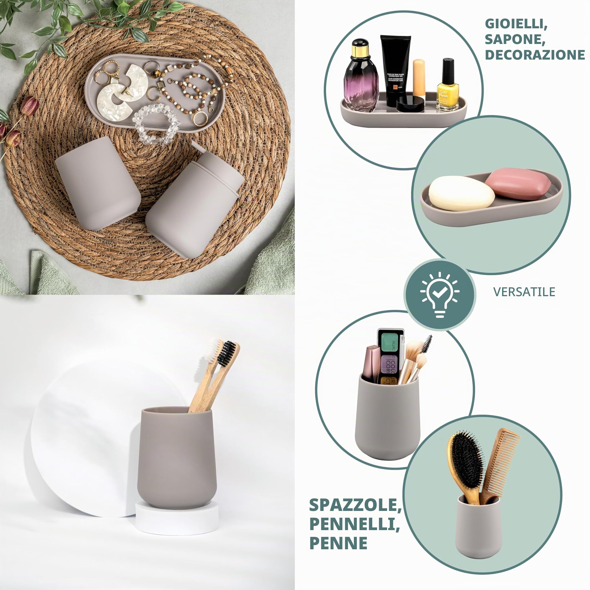 eluno TESERO - Set di accessori da bagno con superficie soft touch, 3 pezzi, composto da 1 dispenser di sapone, 1 tazza e 1 ciotola, ideale per bagno e cucina in plastica (tortora)