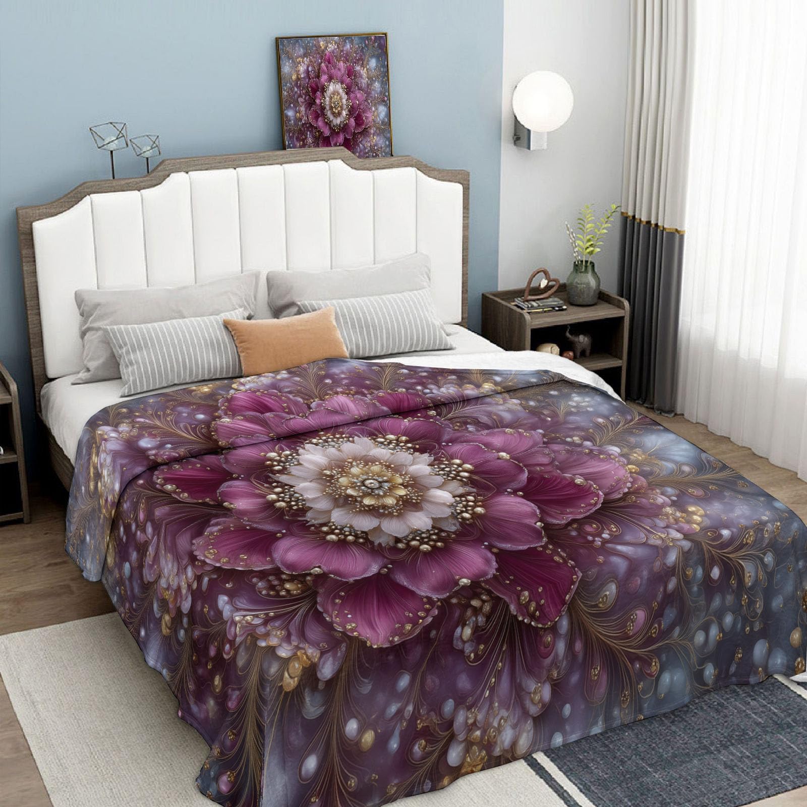 Manta De Mandala De Perla 3D, Manta Ligera De Forro Polar con Floral Lujoso para Niños Mujeres, Ciruela Mantas De Franela Suaves, Sábana Cálida Adecuada para Invierno, 220X240Cm