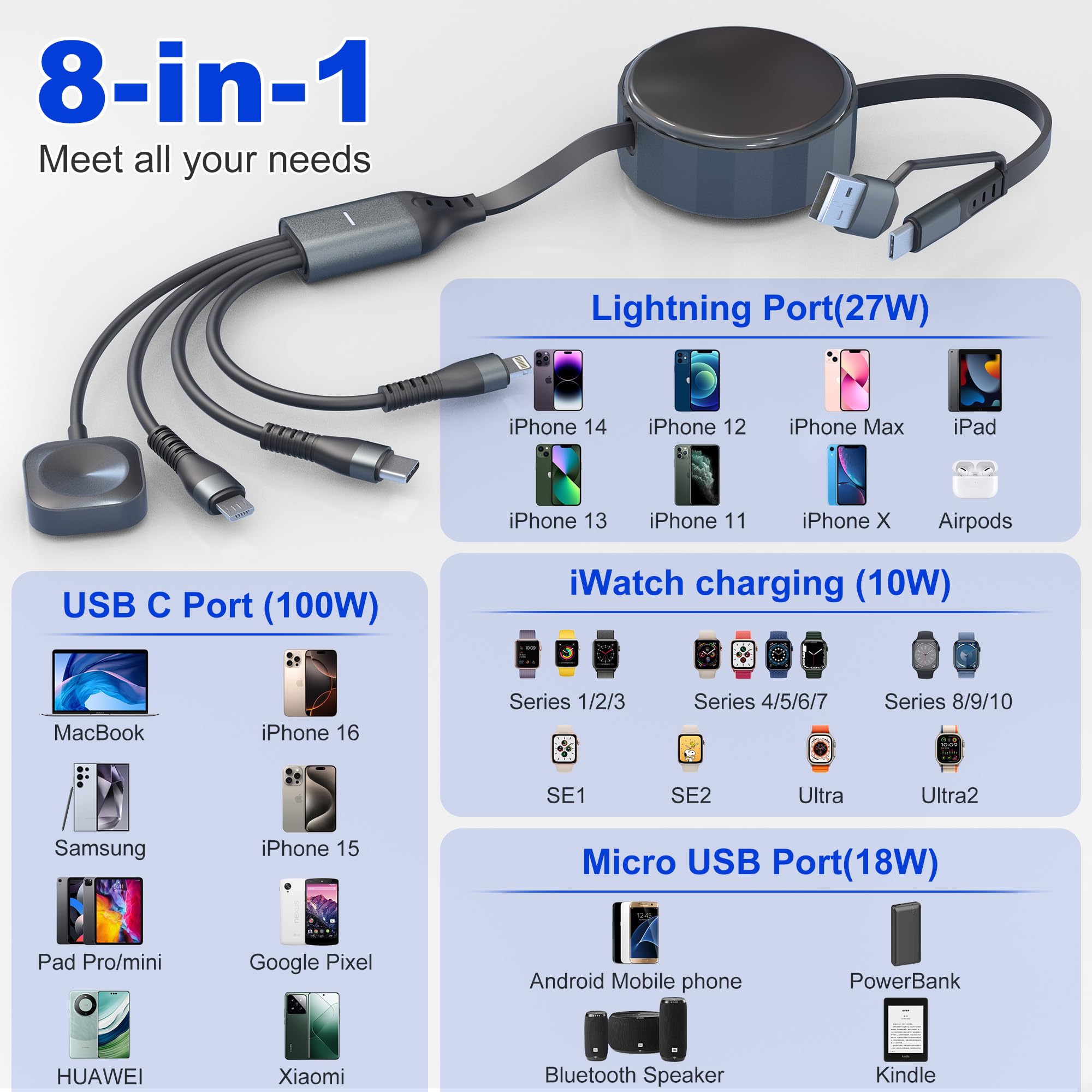 Câble de charge multiple 4 en 2 pour Apple Watch, compatible avec iWatch Series 10-1/iPhone 16/15/Galaxy Android 1,2 m
