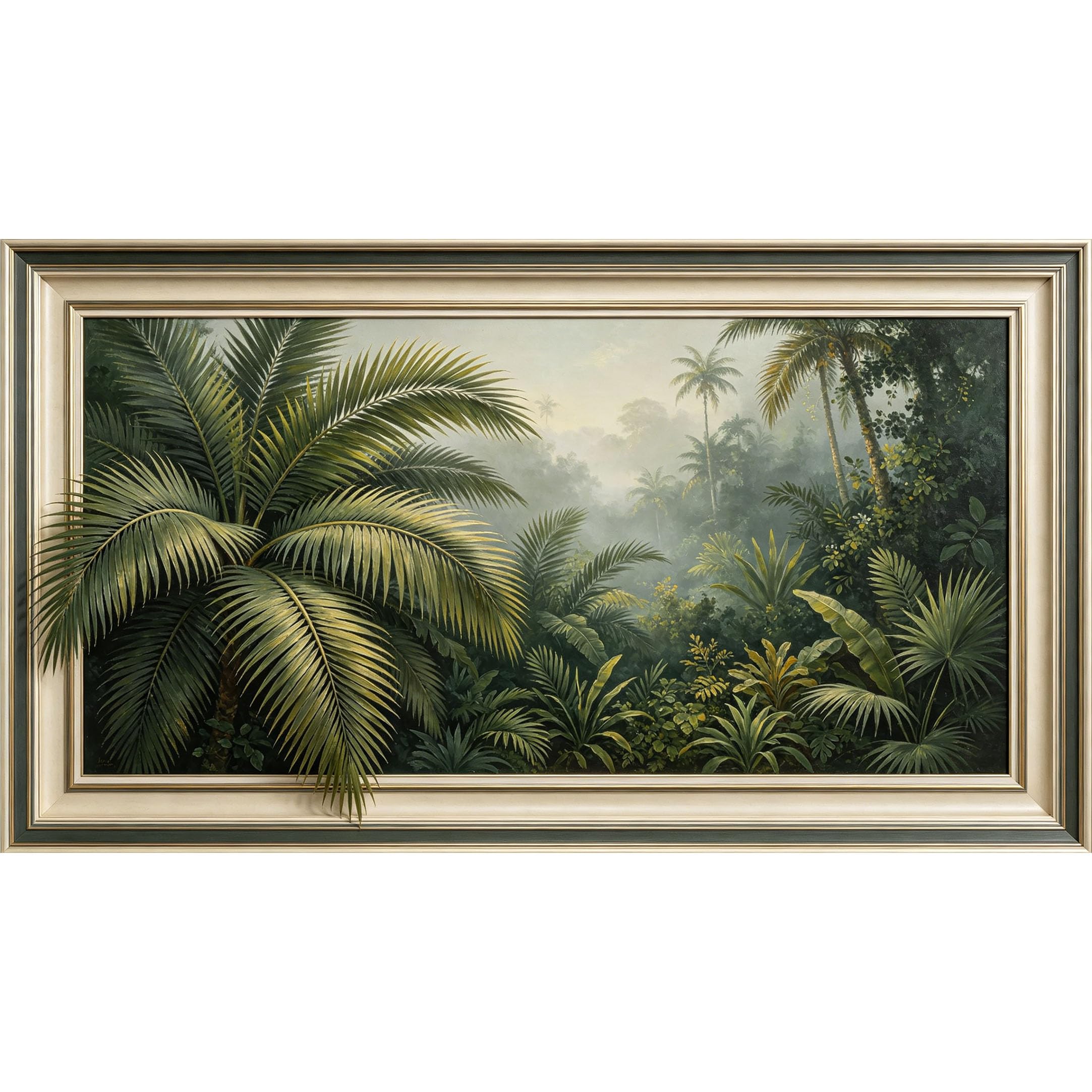 QZLITHOTIC 50x90cm3D Framed Wall Art， Tropical Jungle Palm Leaves Misty Forest Self‑Adhesive Mural， Water‑Activated Peel & Stick Fabric Decor Wall Decal for Bedroom Living Room