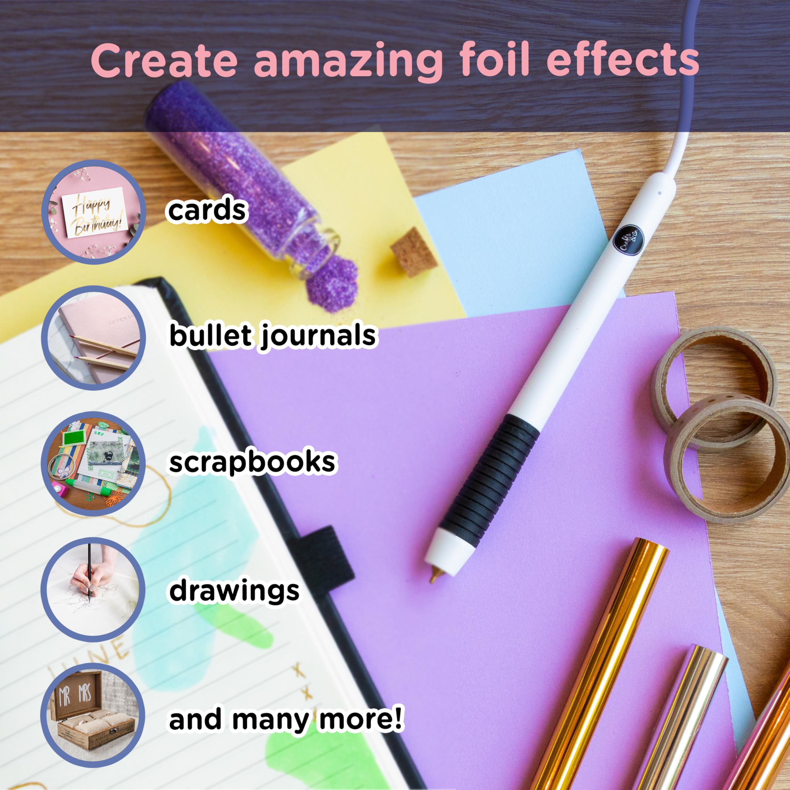 Crafts&Co® Hot Foil Pen | Penna Foil a Caldo con USB 1,5 mm Punta Fine | Penna a Sfera Attivata dal Calore per Disegnare, Creazione di Biglietti, Scrapbooking | Penna Hot Foil con USB | Bianco