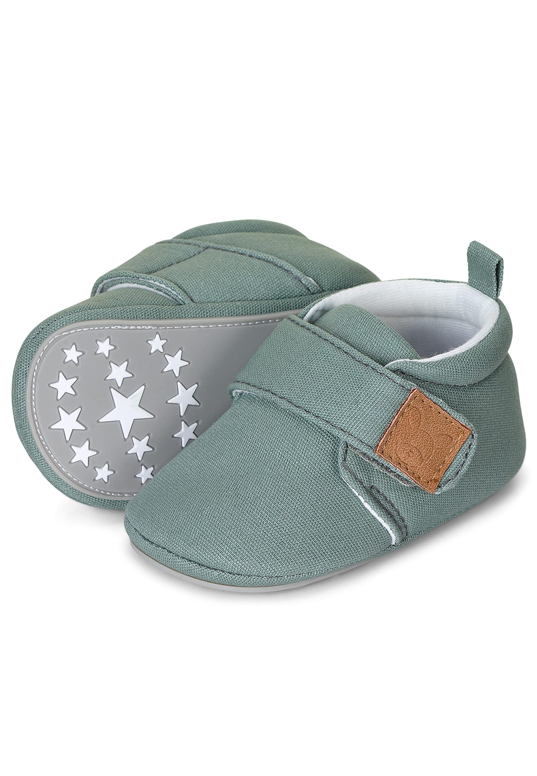 Sterntaler Krabbelschuhe uni - Baby Schuhe aus Canvas mit Klettverschluss - Baby und Kleinkind Hausschuh - aufgenähte Sternen Sohle rutschfest - Unisex Sneaker mit Jersey Futter - steingrün