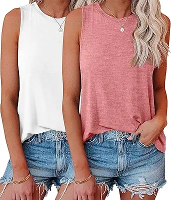 KKJ 2 Pack Womens Tank Tops Workout Tees Summer Clothes Fashion Outfits Crew Neck Sleeveless Loose Fit Fall Casual Shirts