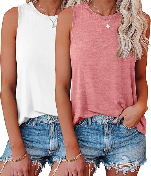 KKJ 2 Pack Womens Tank Tops Workout Tees Summer Clothes Fashion Outfits Crew Neck Sleeveless Loose Fit Fall Casual Shirts