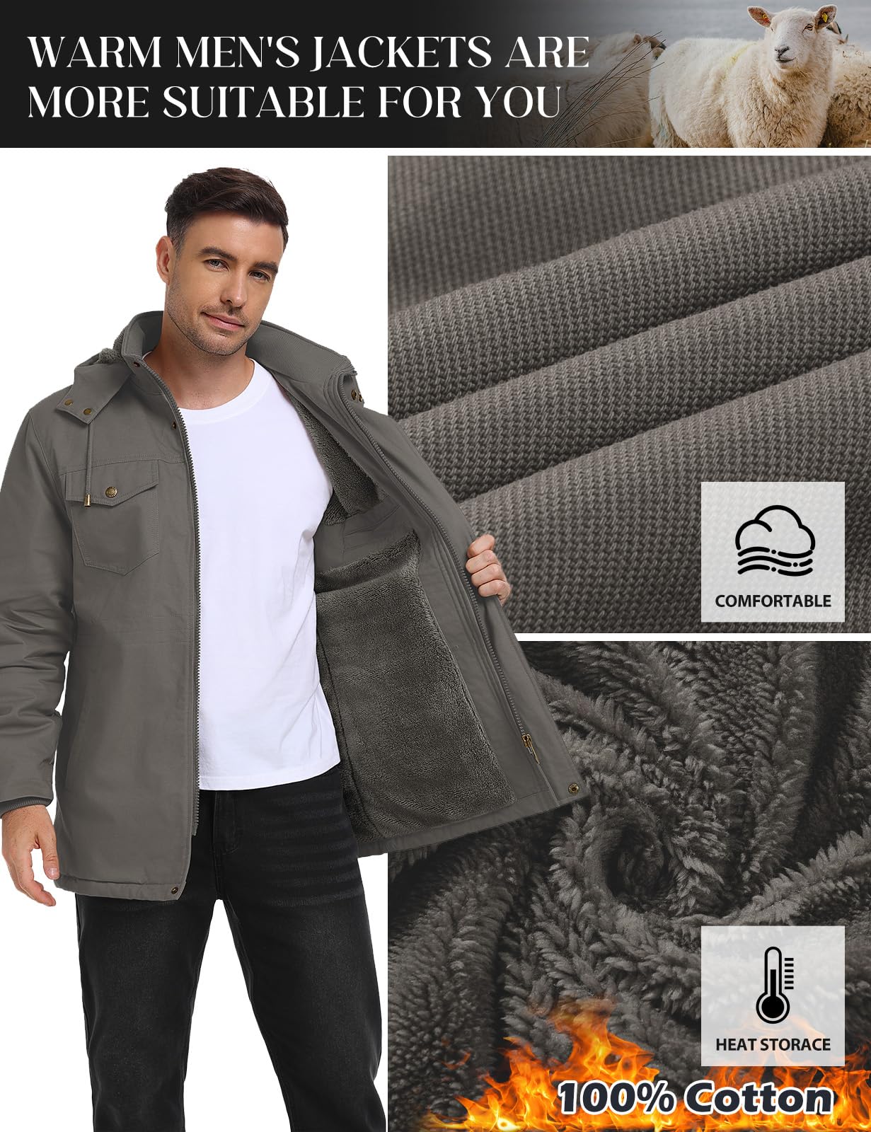 Xnova Chaqueta Hombre Invierno Abrigos Cálido Forro Polar Algodón Parka con Capucha Desmontable Chaqueta Militar Termica Cazadora Entretiempo Trabajo con Bolsillos Múltiples