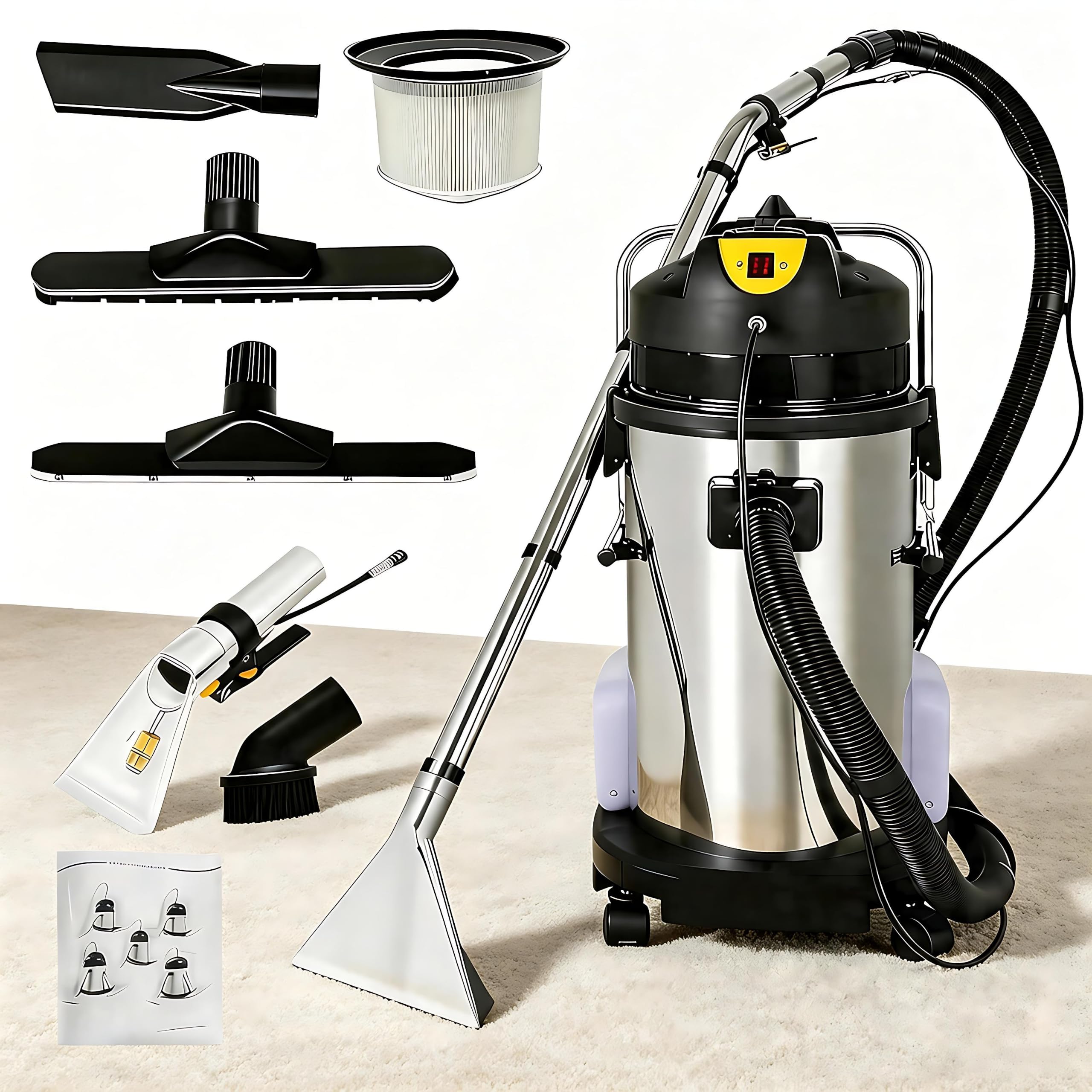 Aspiradora Lava Tapicerías 3 en 1 40L 1034W, Limpiadora de Alfombras Profesional, Máquina de Limpieza Profunda para Sofás, Coches, Moquetas y Cortinas – Cepillo INOX Incluido