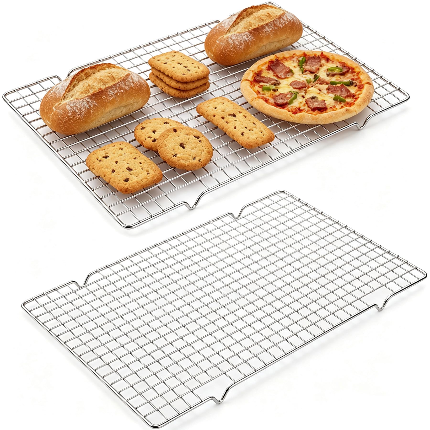 QISF 2 Pack Stainless Steel Cooling Rack - Non-Stick, 25.4 x 37.3 cm Wire Racks for Baking Roasting Cooling,Metal Rectangle Oven Shelf for Cake Cookie Bread