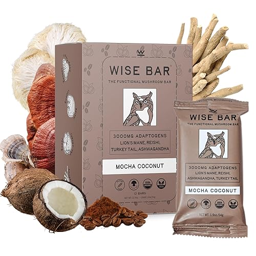 Wise Bar Adaptogen - Barras nutricionales de hongos Sabor a coco moca 12 unidades 3,000 mg de hongos funcionales y adaptógenos por barra Barras