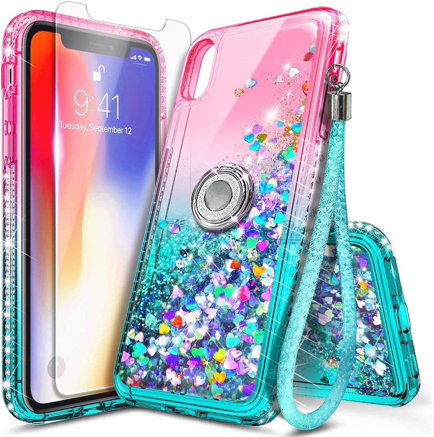 NGB Supremacy Case for iPhone Xs Max with Tempered Glass Screen Protector, Ring Holder/Wrist Strap, Girls Women Liquid Bling Sparkle Flowing Floating Glitter Clear Cute Case (Pink/Aqua)