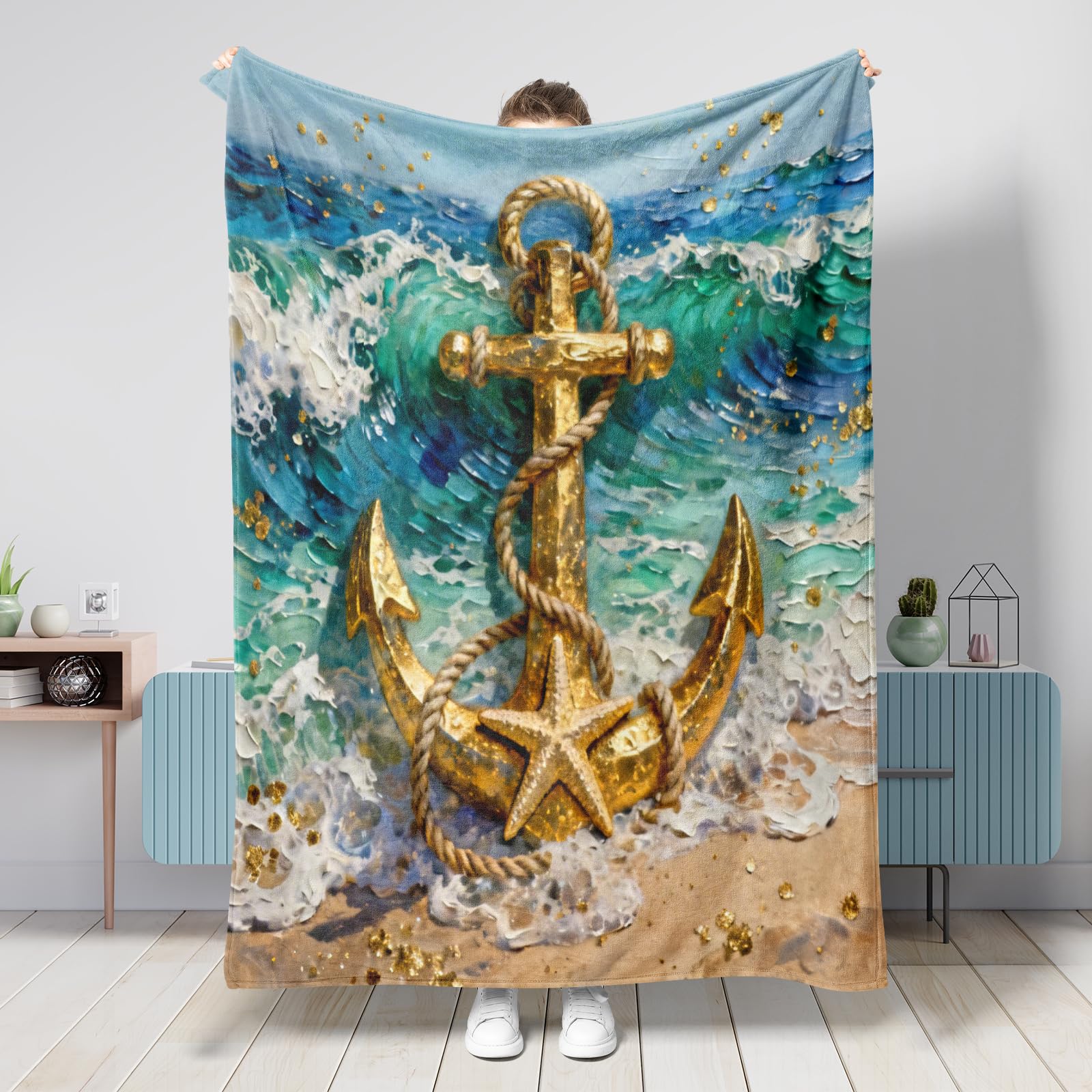 Couverture ancre nautique 152x203 cm en maille douce pour canapé et salon