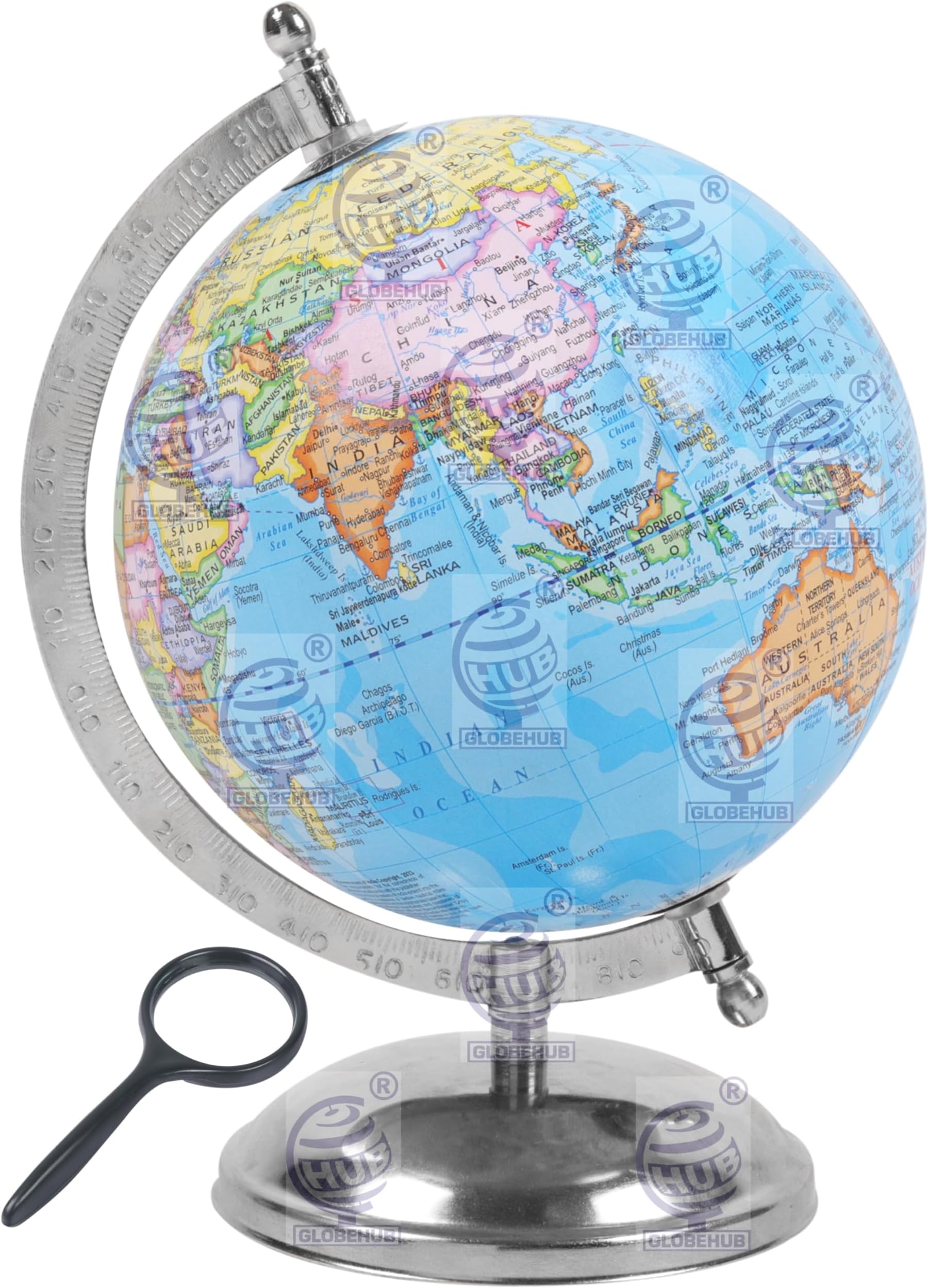 GLOBEHUB HUB Globe for Kids/Students 10 Inch height 6 Inch Diamaeter Mittal Educational Political World Globe in English Language with Magnifying Glass (Blue, 6 inch)