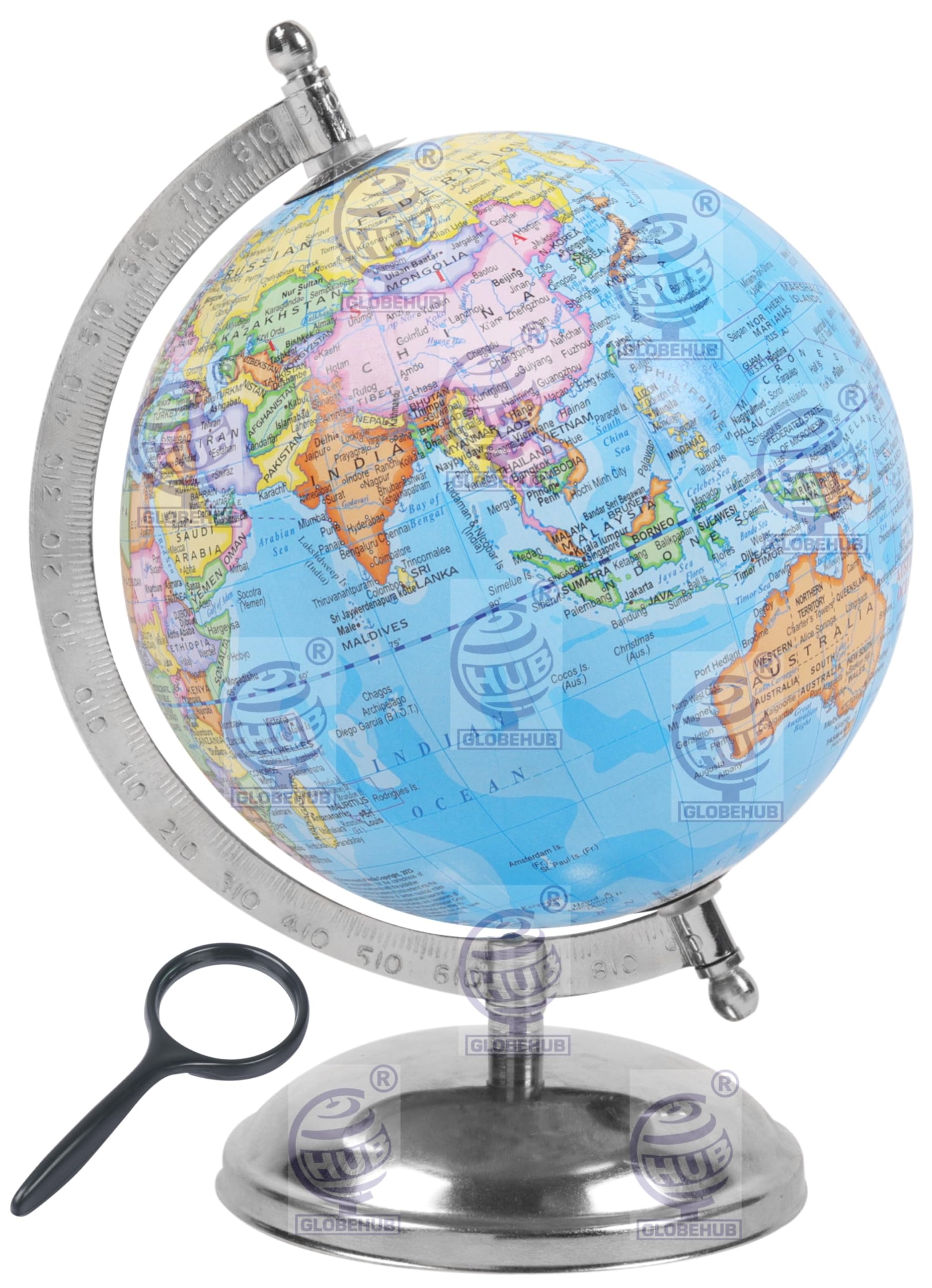 Globe for Kids/Students 10 Inch height 6 Inch Diamaeter Mittal Educational Political World Globe in English Language with Magnifying Glass (Blue, 6 inch)