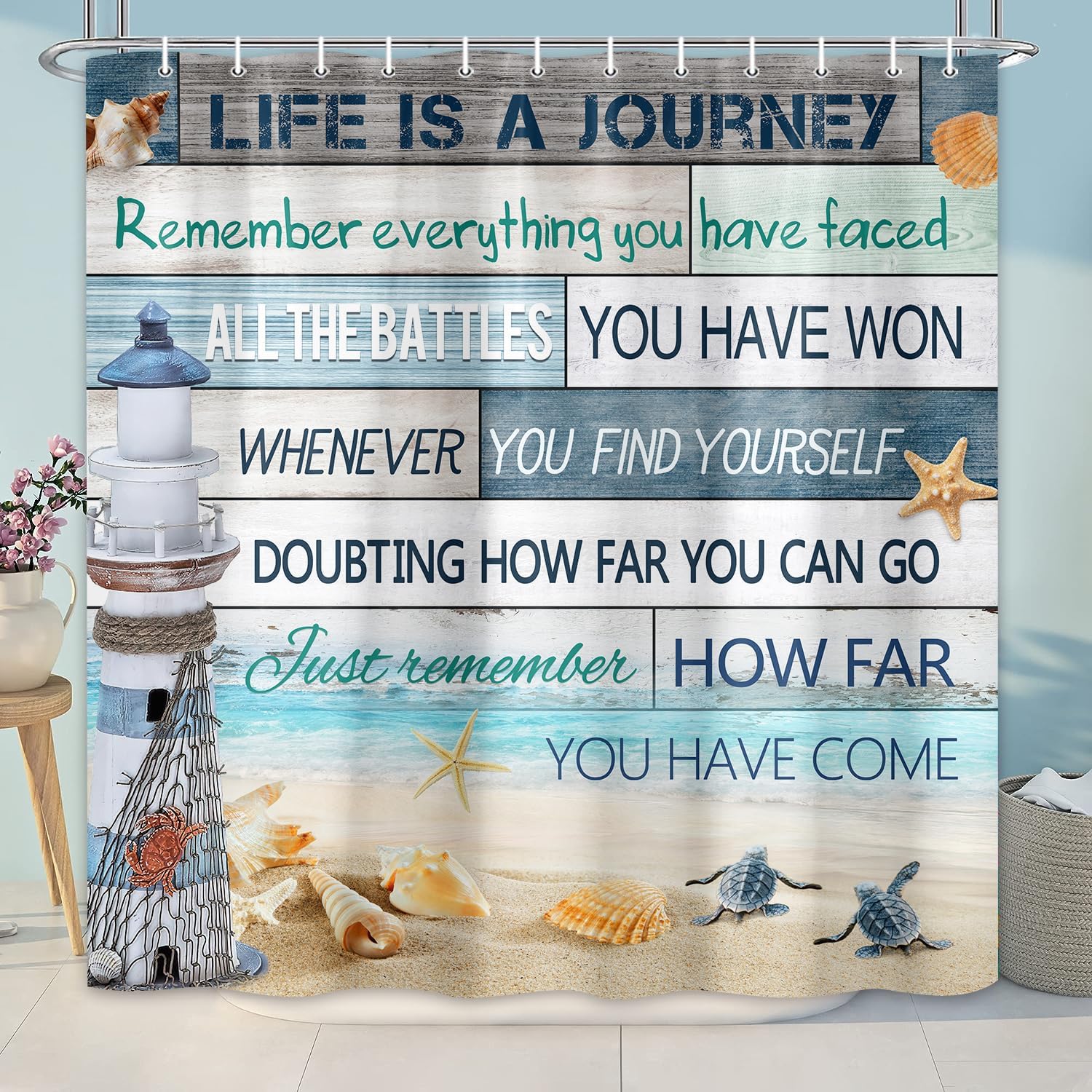 Beach Shower Curtain, Lighthouse Starfish Turtle Seashell Inspirational Motivational Sea Ocean Rustic Vintage Wood Nautical Coastal Fabric Waterproof Polyester Bathroom Curtain with Hooks 69X 84 inch
