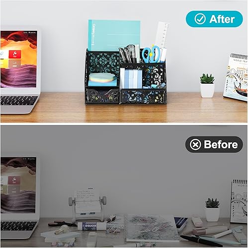 Miniatura 5 de EasyPAG Organizador de escritorio con cajón para lápices, 6 compartimentos, almacenamiento de metal para oficina, con soporte para notas adhesivas,