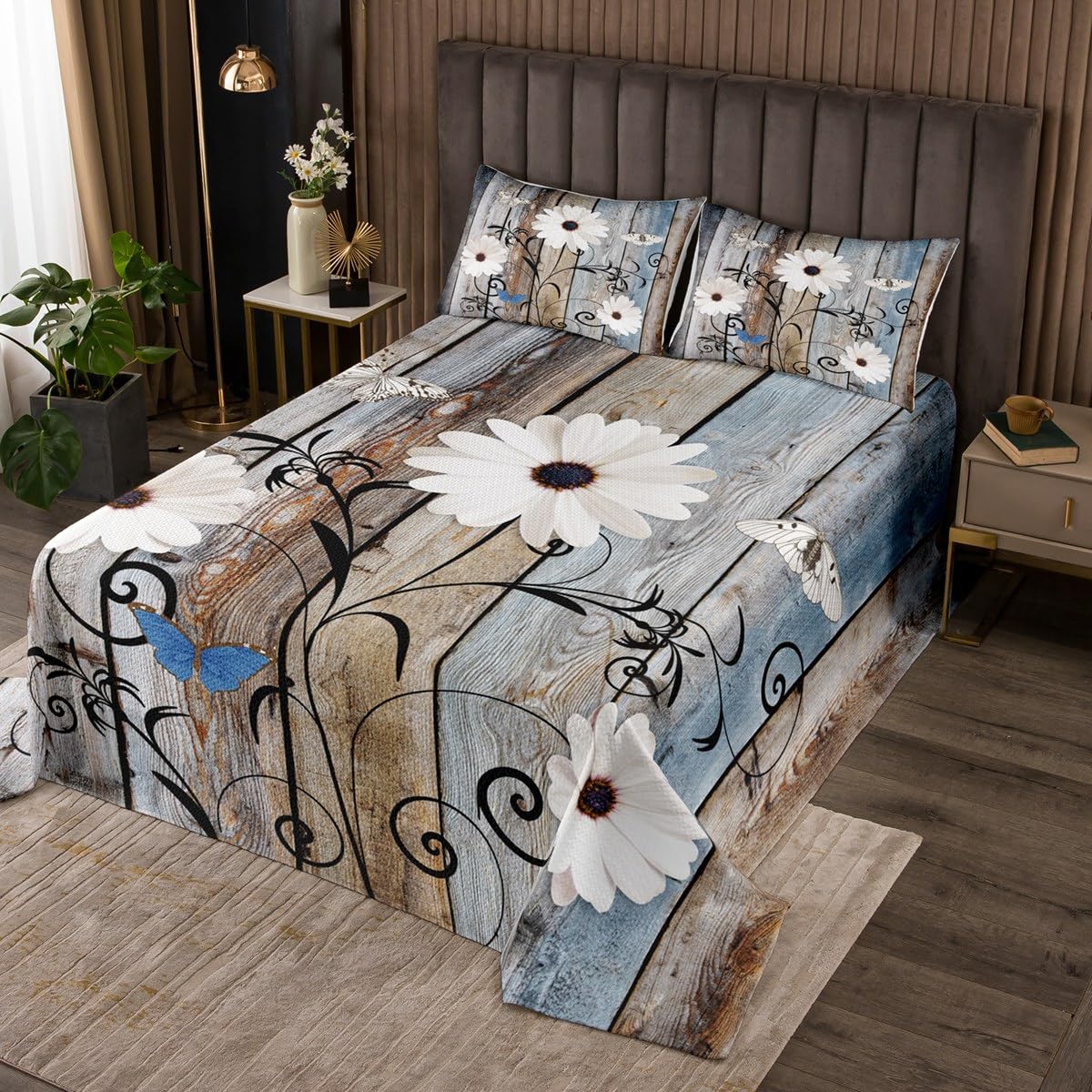 Rustic Farmhouse Daisy Bedspread,Vintage Blue Grey Barn Door Bedding Set,Kids Girls Boys Adult Garden Flower Botanical Coverlet Quilt Butterfly Animals Comforter Set Room Decor 3Pcs Queen Size