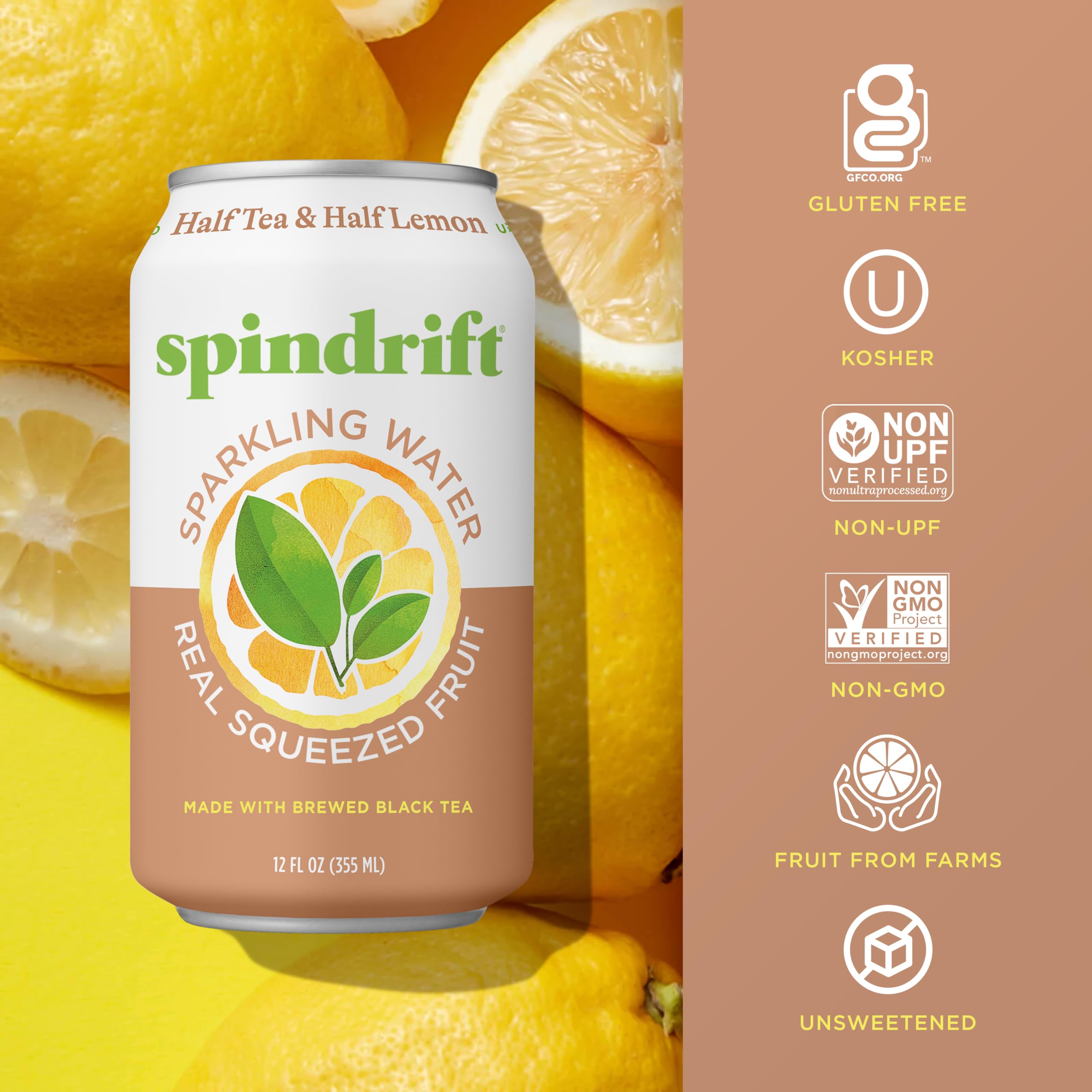Spindrift Lot de 24 bouteilles d'eau pétillante, moitié thé et moitié citron, fabriquées avec de vrais fruits pressés, 37 ml (seulement 5 calories par canette)