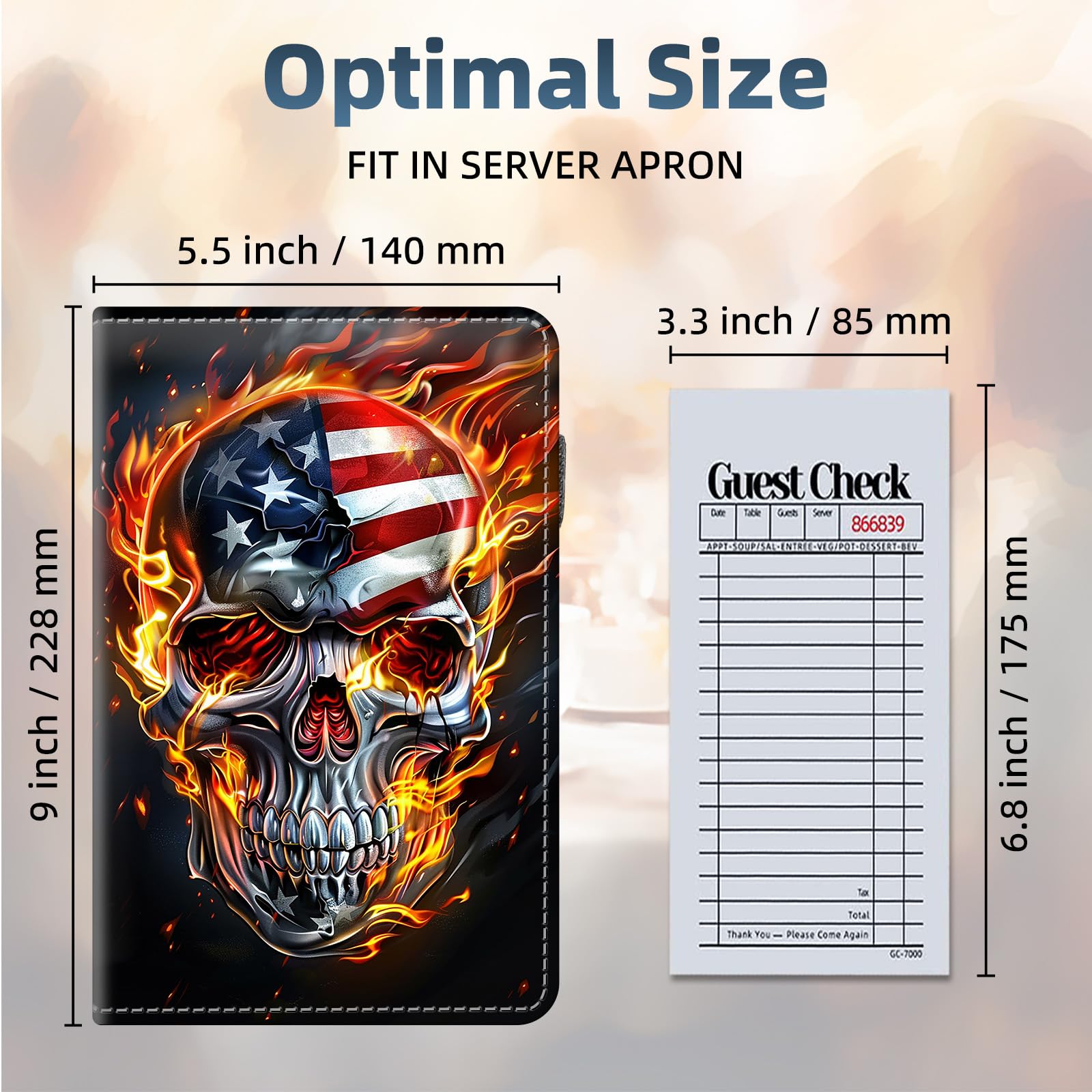 FQSXFIFN Leather Server Book for Waitress, Cute Server Book with Zipper Money Pocket,Check Presenters Waitstaff Organizer Fit Server Apron, Skull Flag Serving Books, Black Waiter Books for Servers