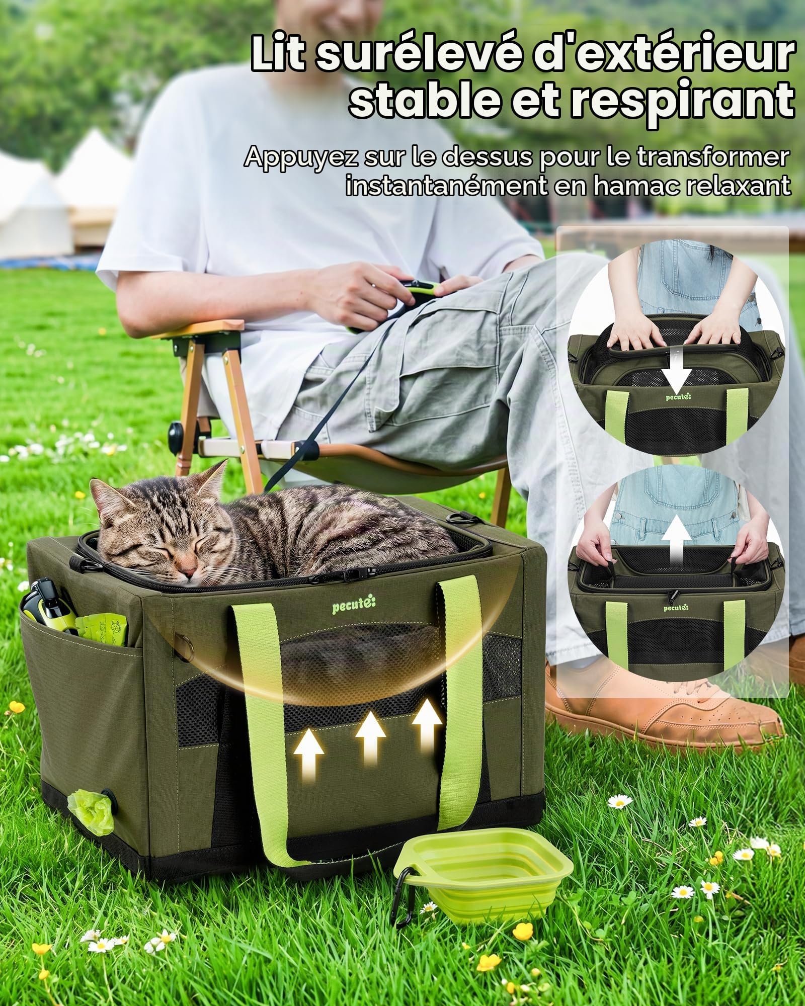 Pecute Caisse de Transport Chat et Chien Extensible, Pliable - Vert Armée | Extension Supérieure • Pliable & Respirant • Cadre Indéformable • Voyage & Vétérinaire • Pour Chats & Chiens