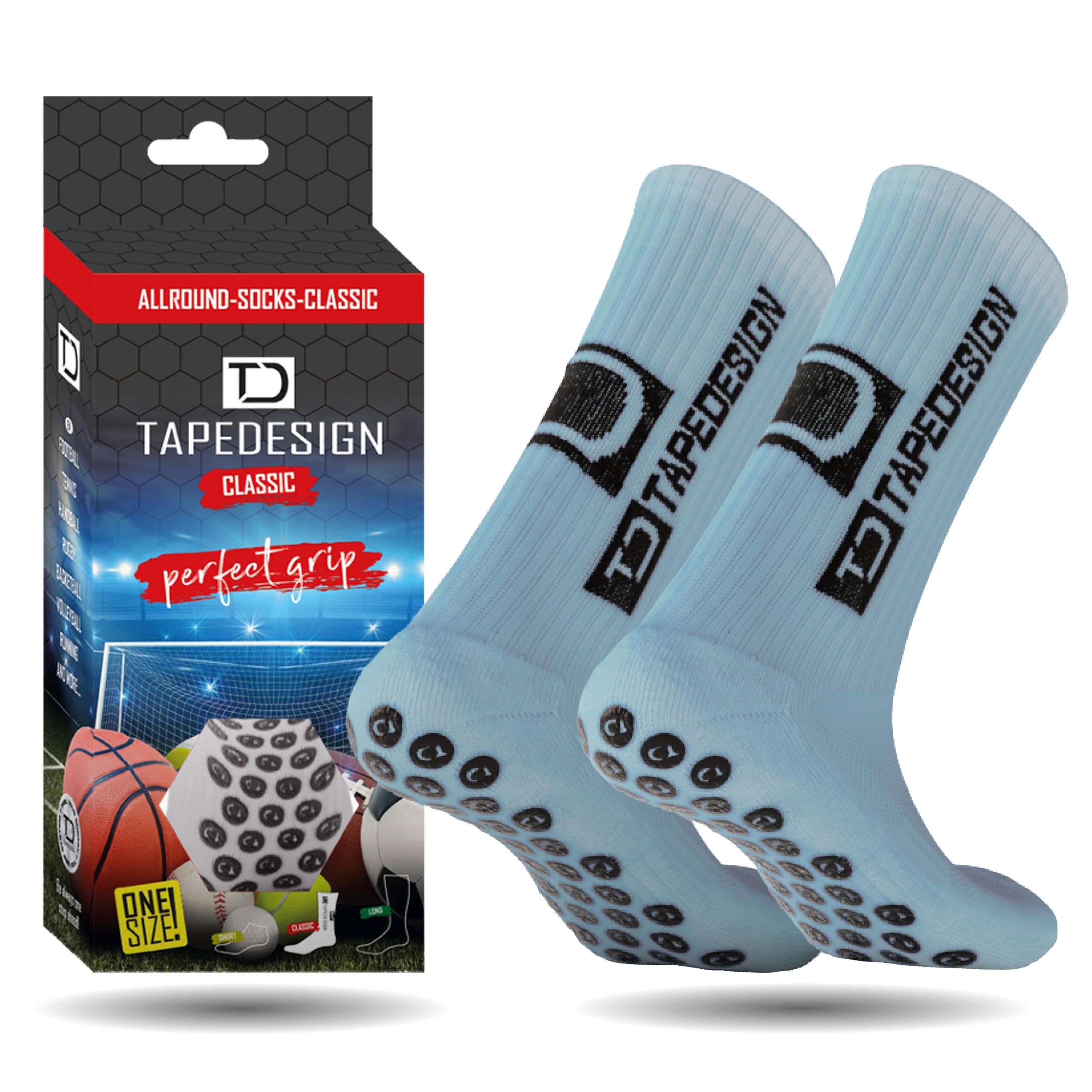 TAPEDESIGN – "​Classic" 1 Paire Chaussette antidérapante Foot Homme Femme Enfant Bleu Clair (37-​48), idéales pour Le Football, Rugby, Tennis et Basketball, Chaussettes Anti Ampoule