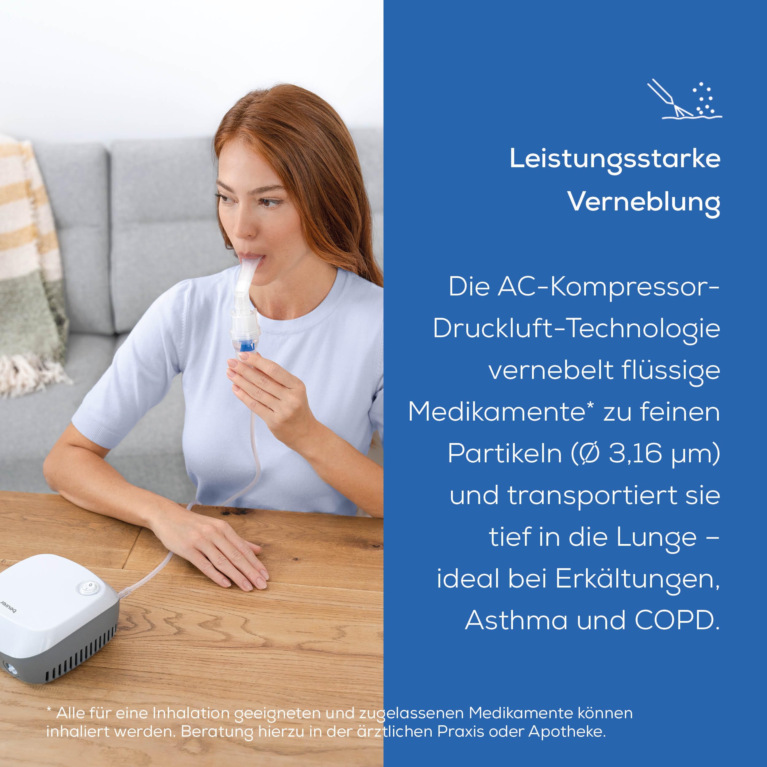 Beurer IH 18 Inhalator, Inhalationsgerät bei Erkältungen und Atemwegserkrankungen wie Asthma und COPD, zur Verneblung von Medikamenten, Vernebler für Erwachsene und Kinder, Design in weiß, kompakt