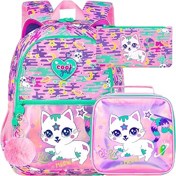 16.5" Cat Backpack for Girls, 3Pcs Kids Backpacks Set for Elementary Preschool Kindergarten, School Bookbag with Lunch BoxPink