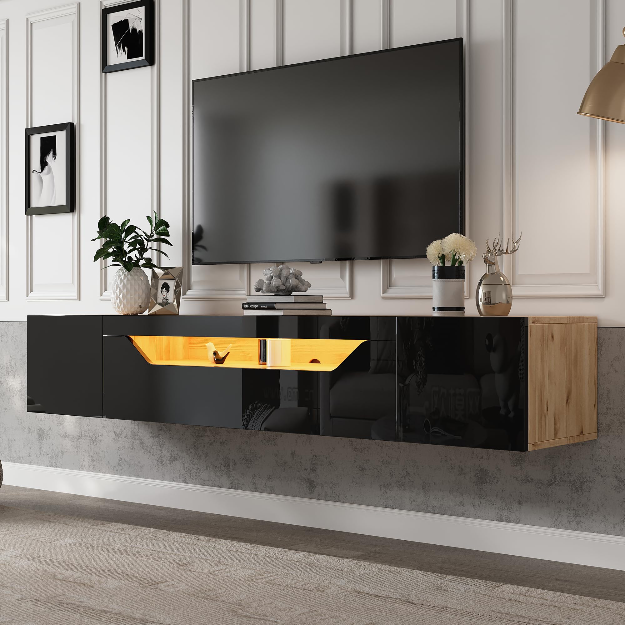 TV-Schrank 180 cm hängend mit LED für 75 Zoll, Schwarz-Holzoptik