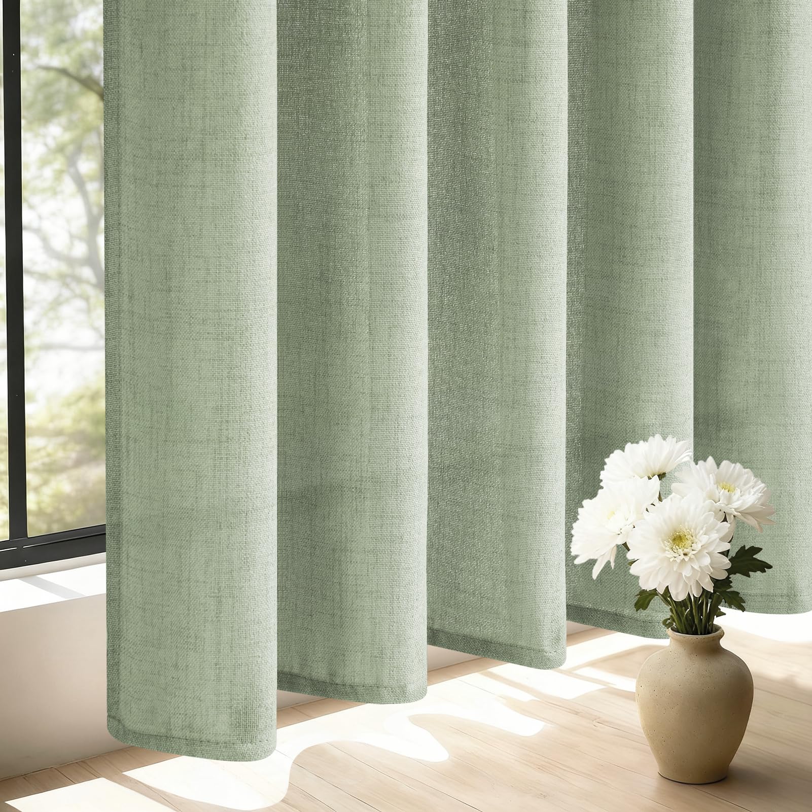 CUTEWIND Tende con nastro arricciato, 220 x 140 cm (altezza x larghezza), effetto lino, per soggiorno, camera da letto, cucina e cameretta dei bambini, colore verde salvia
