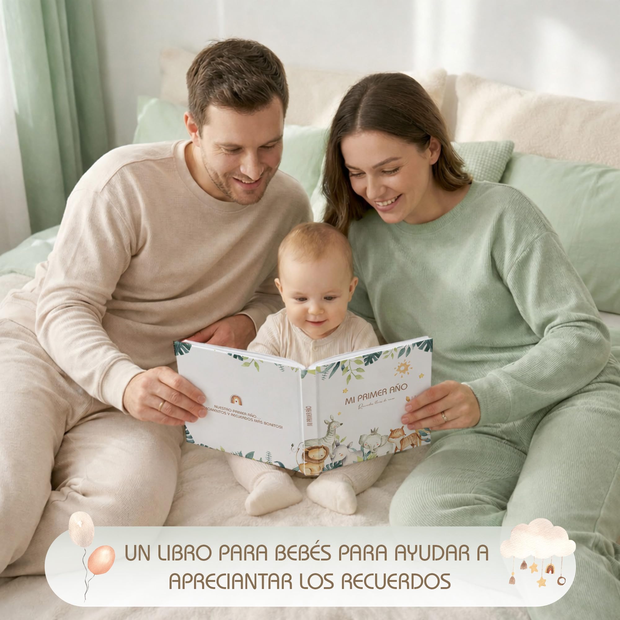 Libro Recuerdos bebe y Album Fotos bebe, 86 Páginas con Pegatinas - Desde el Nacimiento hasta los 1 Años - Baby Shower Regalo bebe Recien Nacido Niño y Niña