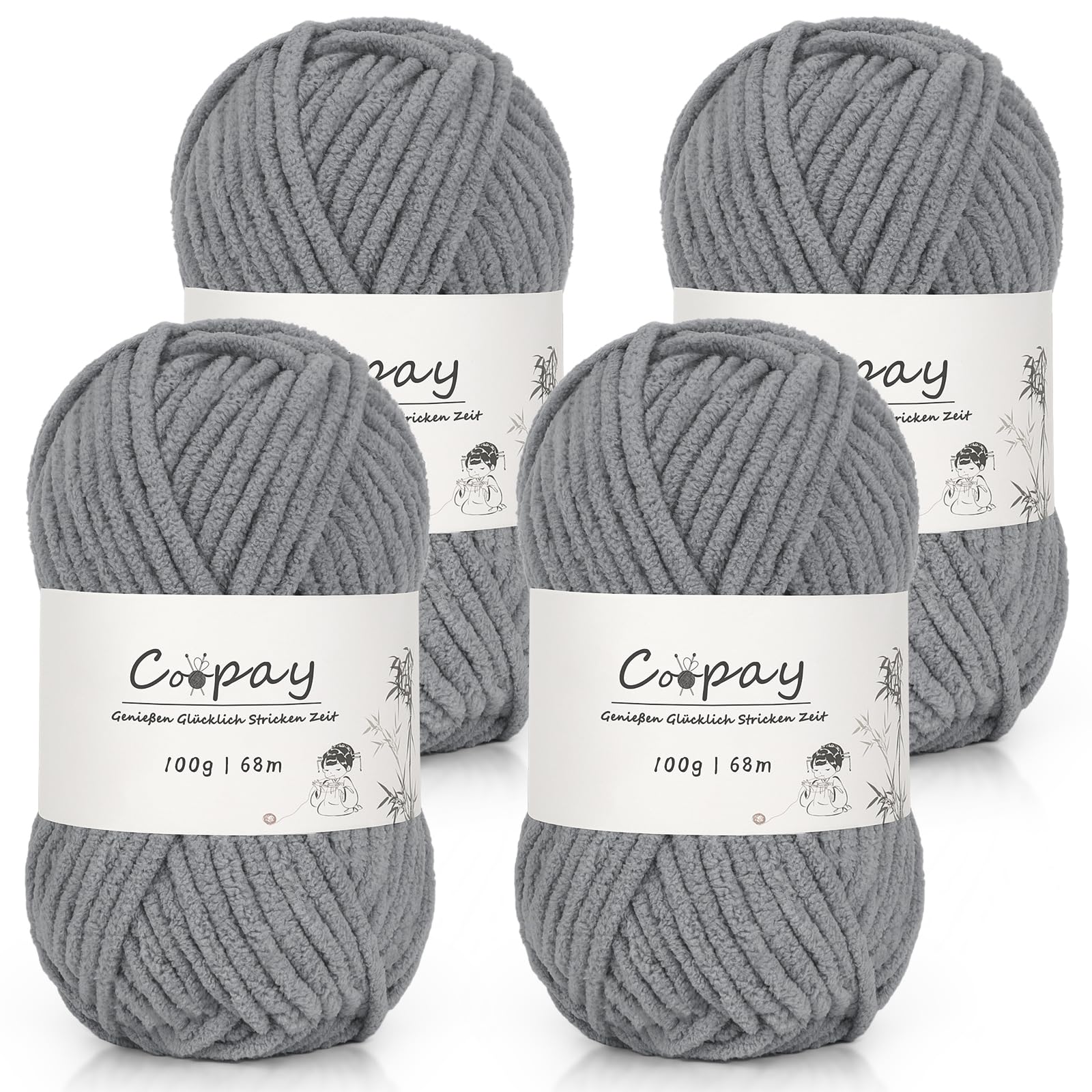 Coopay Chenille Chunky Wolle zum Häkeln Dickes Garn, 4 x 100g Dicke Wolle zum Stricken, Super Flauschig Weiches Wolle für Babydecke, Grobes Chenille-Garn für Decken, Schals, Taschen - Dunkelgrau