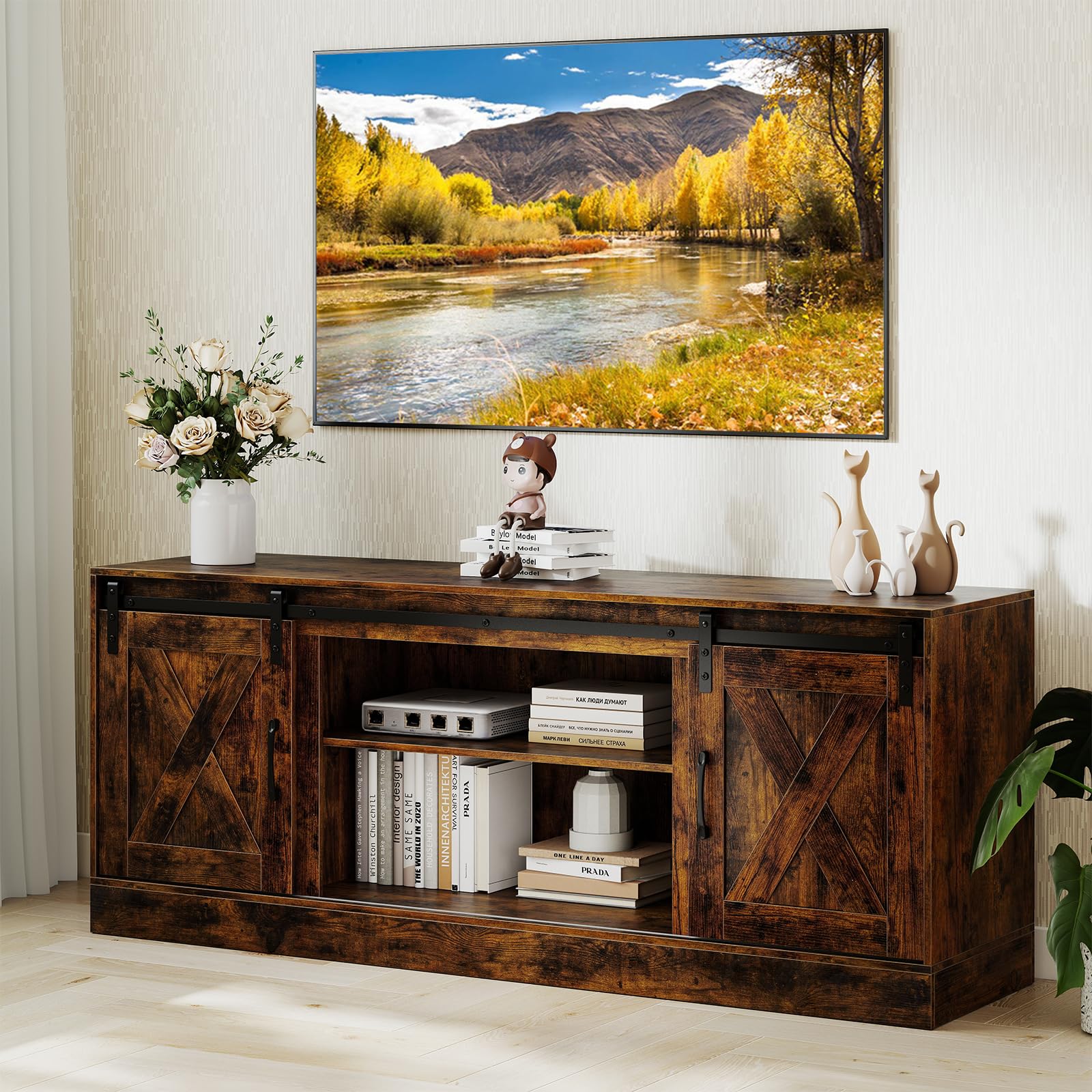 COSTWAY Mobile TV Soggiorno fino a 70'', Tavolino Porta TV con Porte Scorrevoli, Ripiani Regolabili, Consolle Media 150 cm per Soggiorno, Camera da Letto e Ingresso
