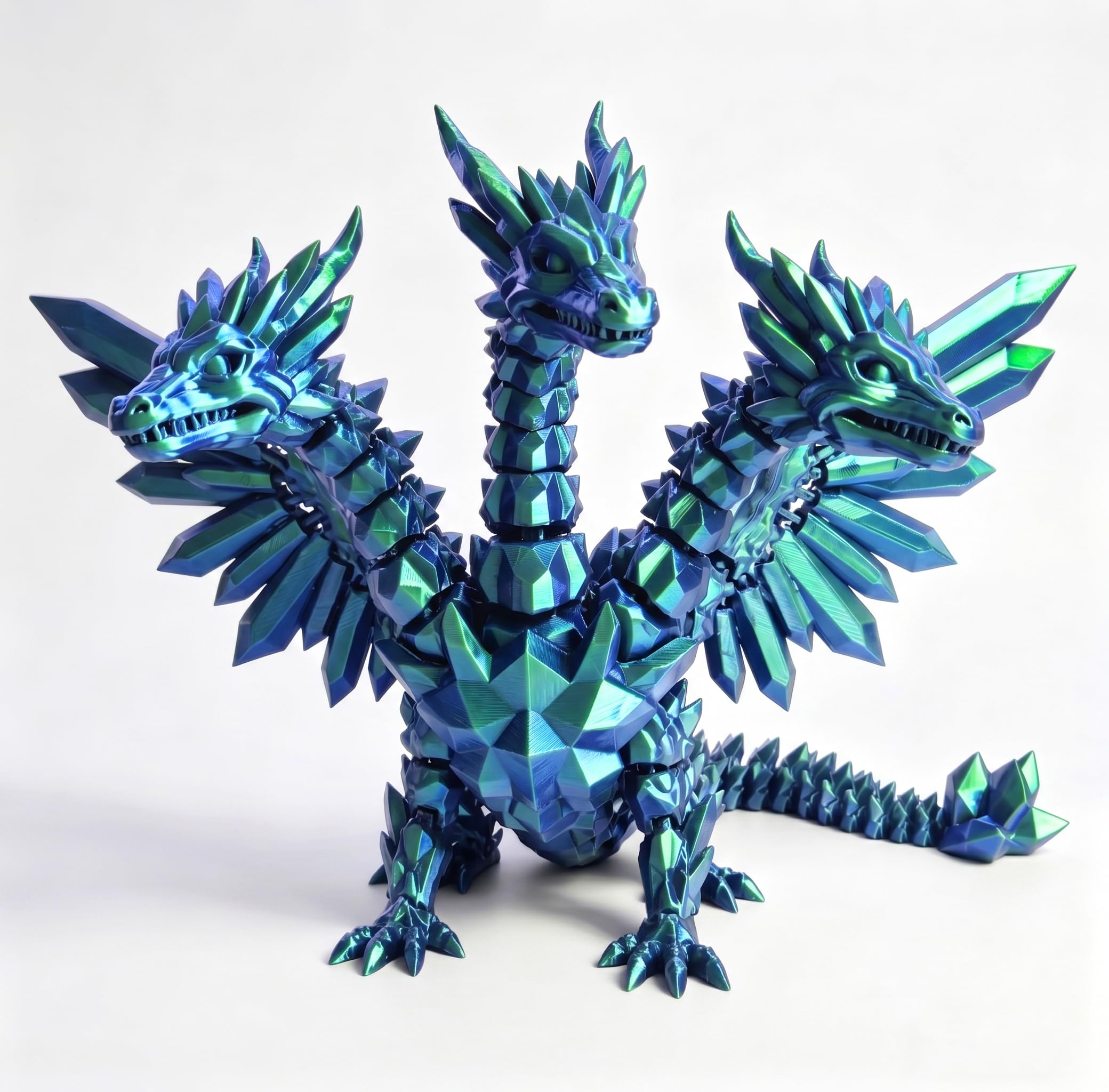 3D Printed Articulated Three-Headed Crystal Dragon with Wings, Flexible Fidget Toy for Stress Relief, Cute Sensory Dragon Figure, Ideal Desk, Home & Office Decor (Green,S)
