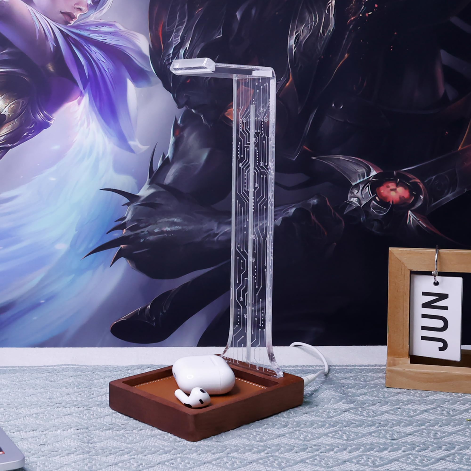 YuanDian Headphone Stand, Wood Headset Holder with Tray, Blue Pink LED Night Light for Gamers Men, and Music Lovers - Image 2