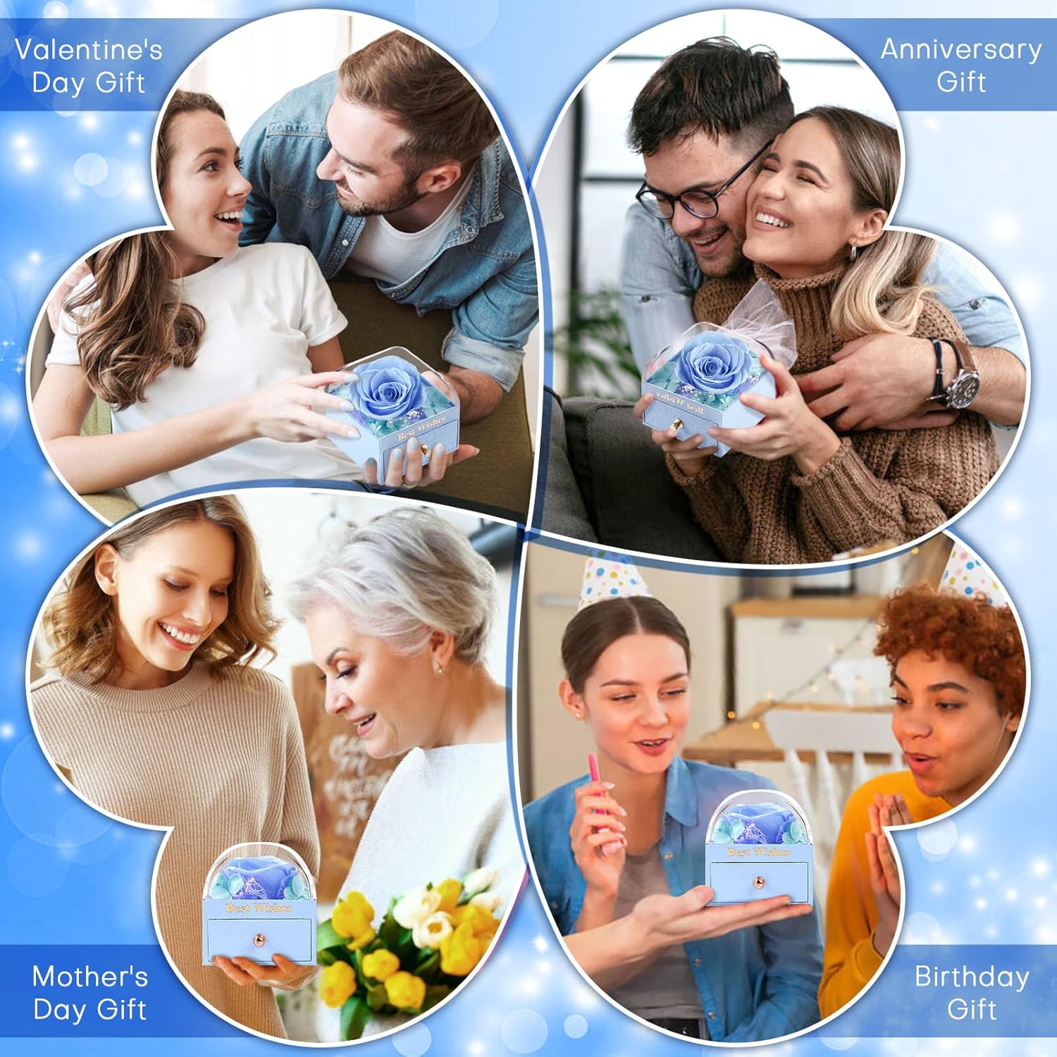 WOKEISE Preserved Real Rose with I Love You Necklace and Crown Ring 100 Languages, Gifts for Women, Girlfriend, Wife, Mom, Grandma, Birthday, Anniversary, Valentine's Day, Mother's Day - Blue - Image 3