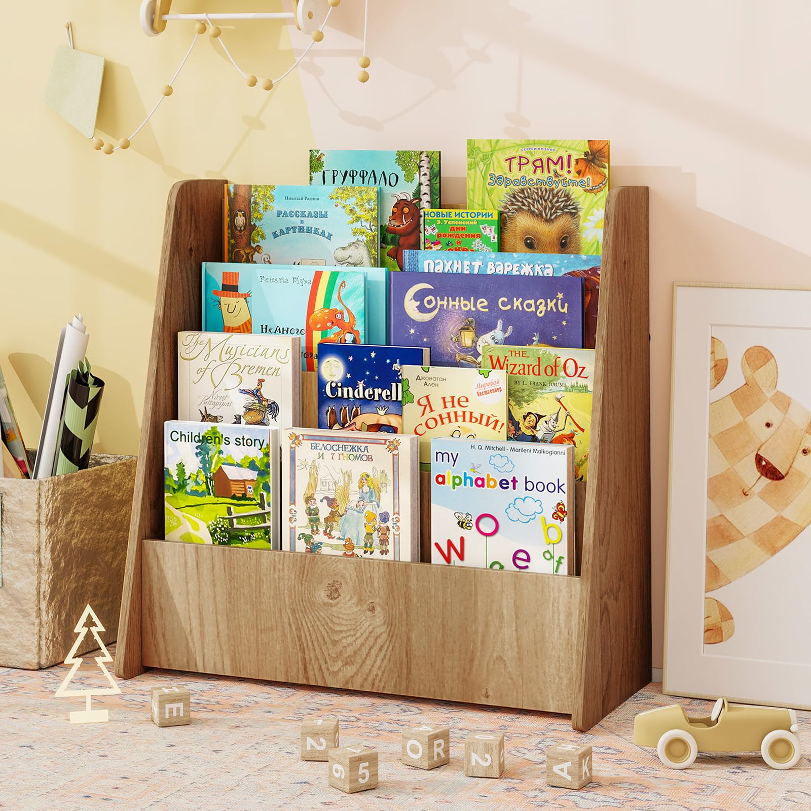 COSTWAY Bibliothèque Enfant en Bois à 4 Niveaux de Compartiments Ouverts, Étagère à Livres avec Patins Antidérapants, Meuble Rangement Jouet Montessori pour Bureau Chambre d’Enfant, 57,5x26,5x59cm