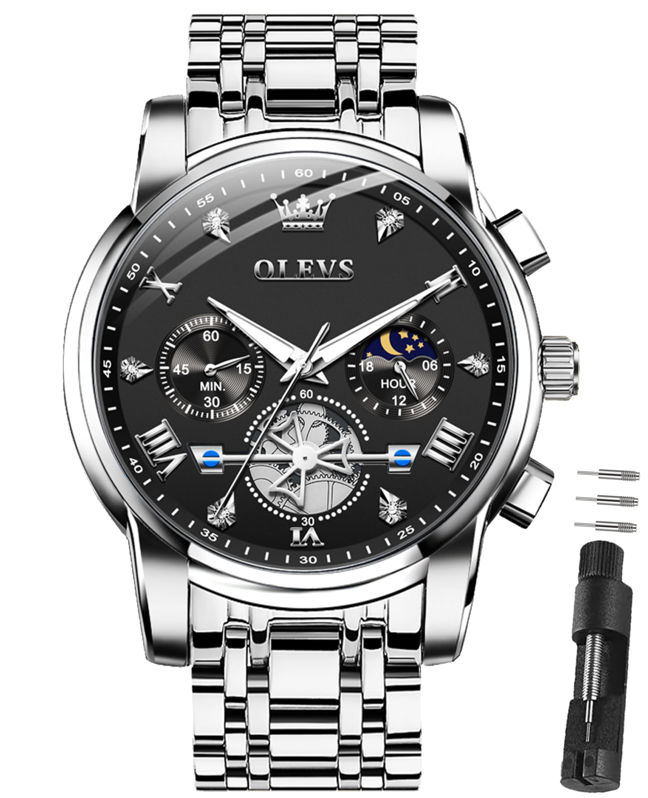 OLEVS Armbanduhr Herren 42mm Großes Zifferblatt Edelstahlarmband Uhren Herren Luxuriös 3Bar Wasserdicht Quarz Herrenuhr Multifunktionsuhr mit Römische Ziffern Männer