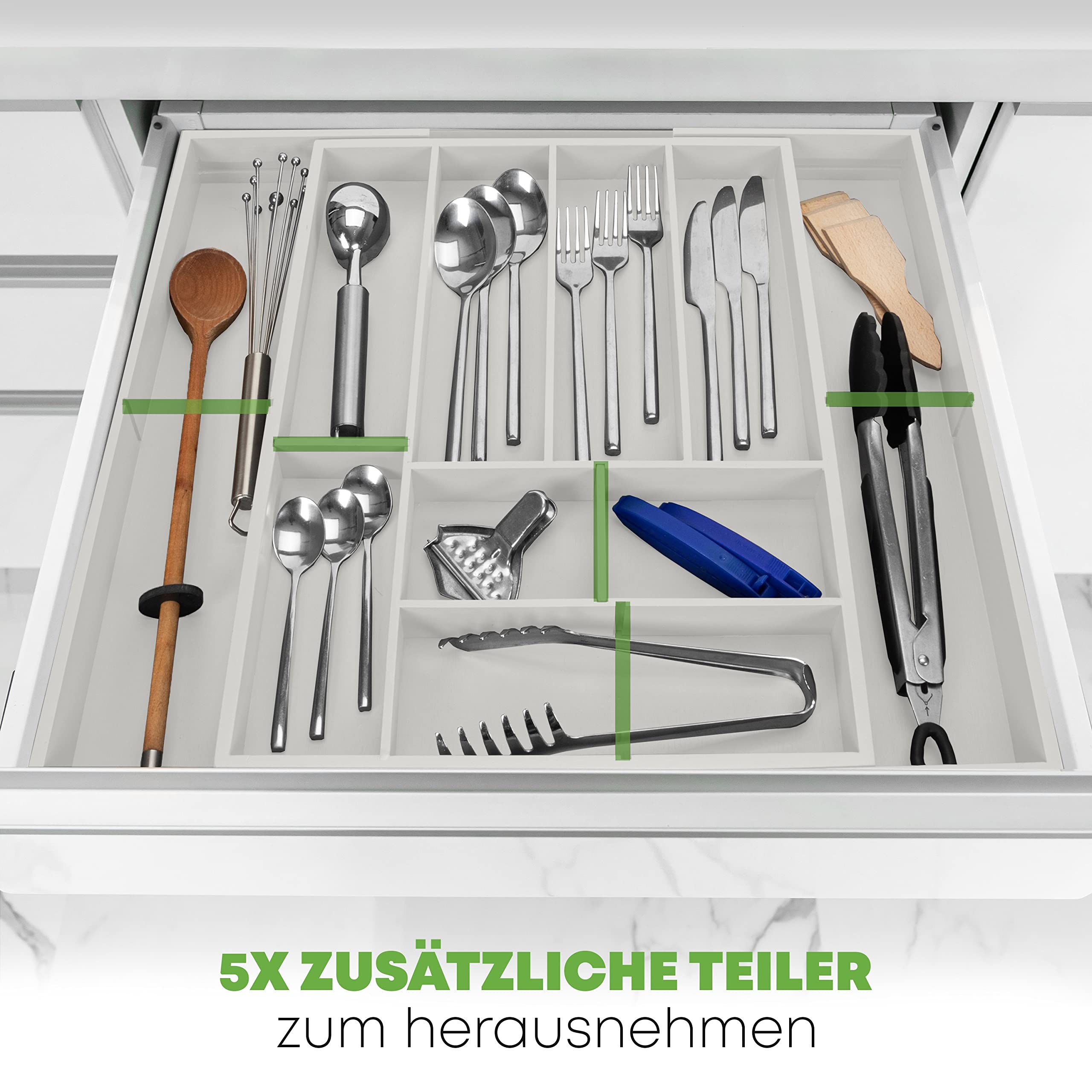 Kamoro HOME & KITCHEN Cutlery Tray Bamboo Adjustable, White - Image 3
