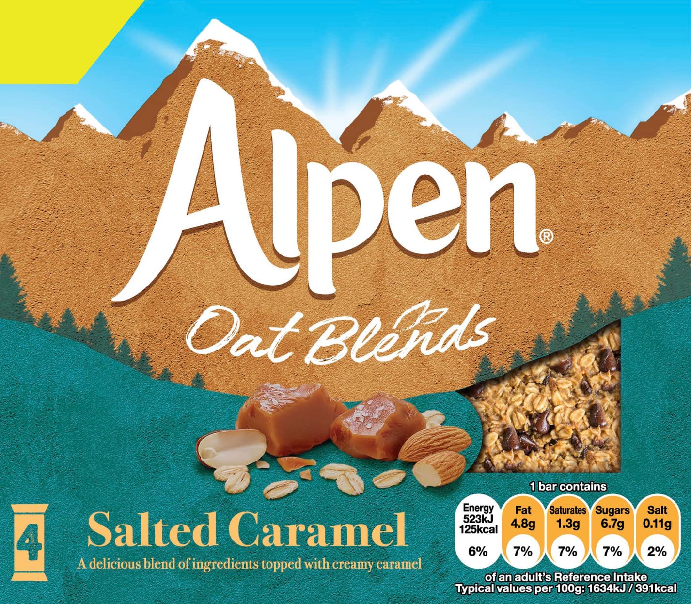 Alpen Hafermischungen, gesalzenes Karamell, 4 Müsli-Riegel, 10 Stück, insgesamt 40 Stück